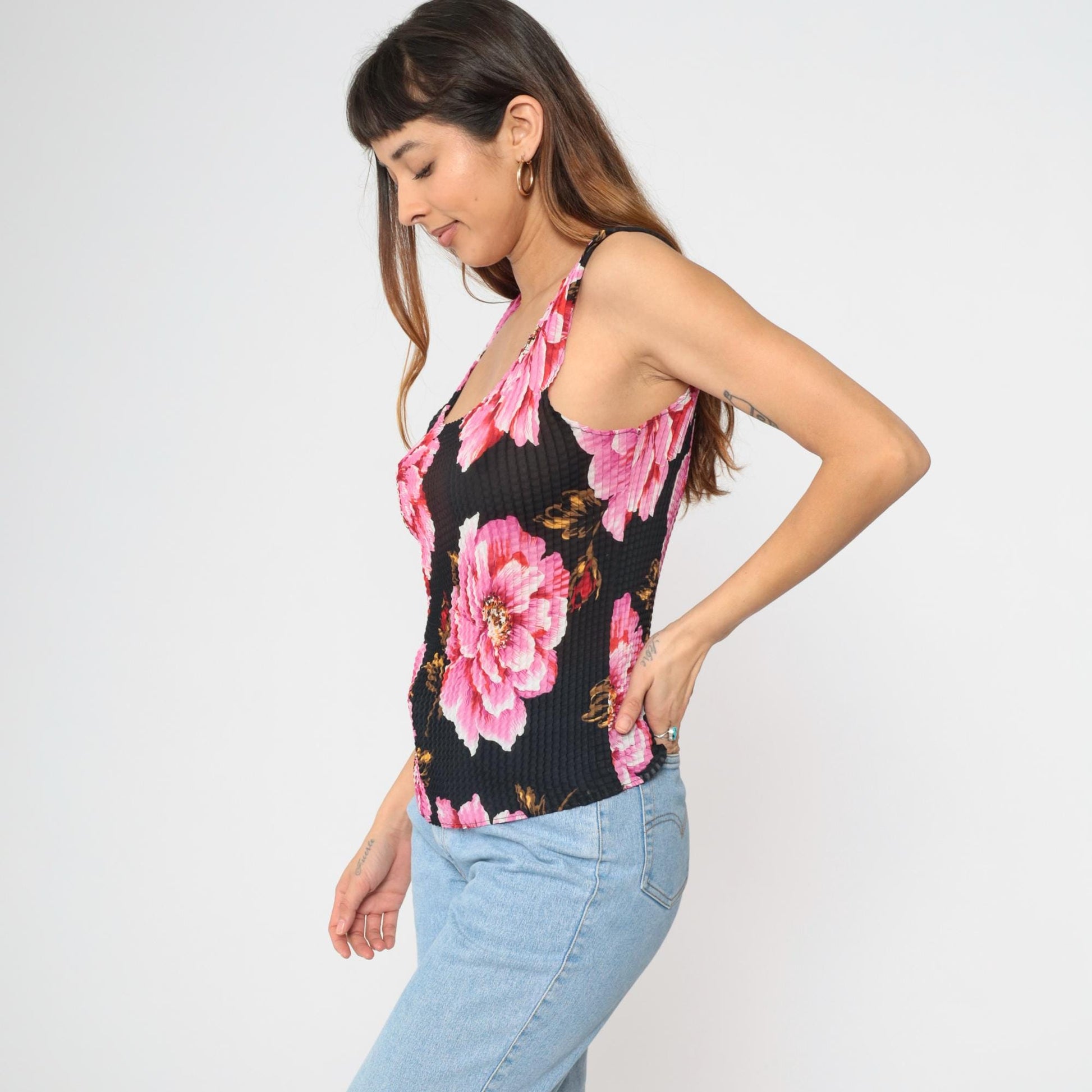 Y2K Floral Popcorn Tank Top Black Pink Scoop Neck Sleeveless Medium