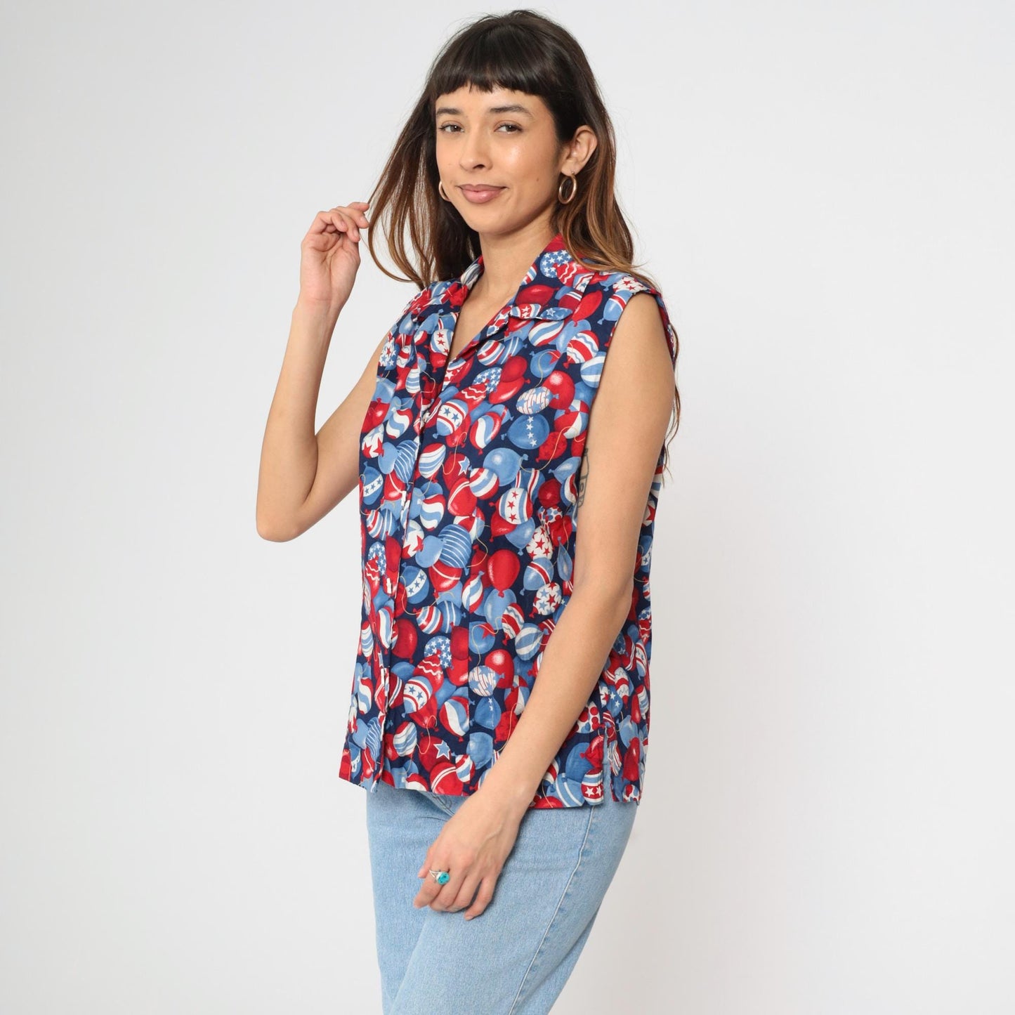 90s Patriotic Balloon Print Sleeveless Button-Up Shirt Red White Blue Large L