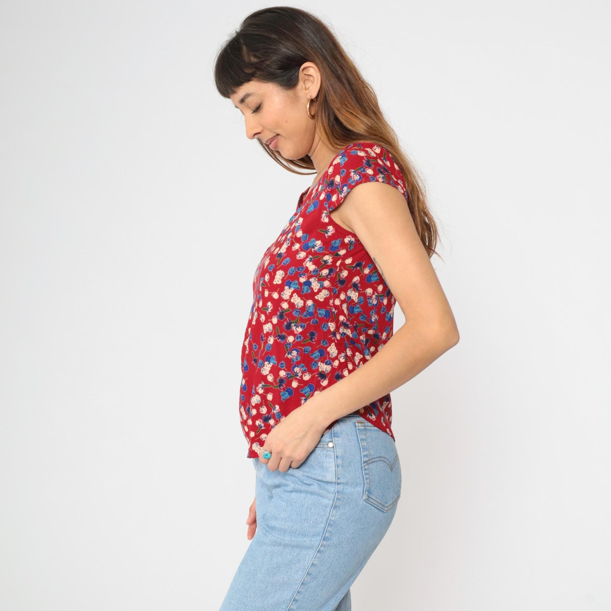 Y2K Red Floral Blouse Lace Trim Puff Sleeve Scoop Neck Extra Small