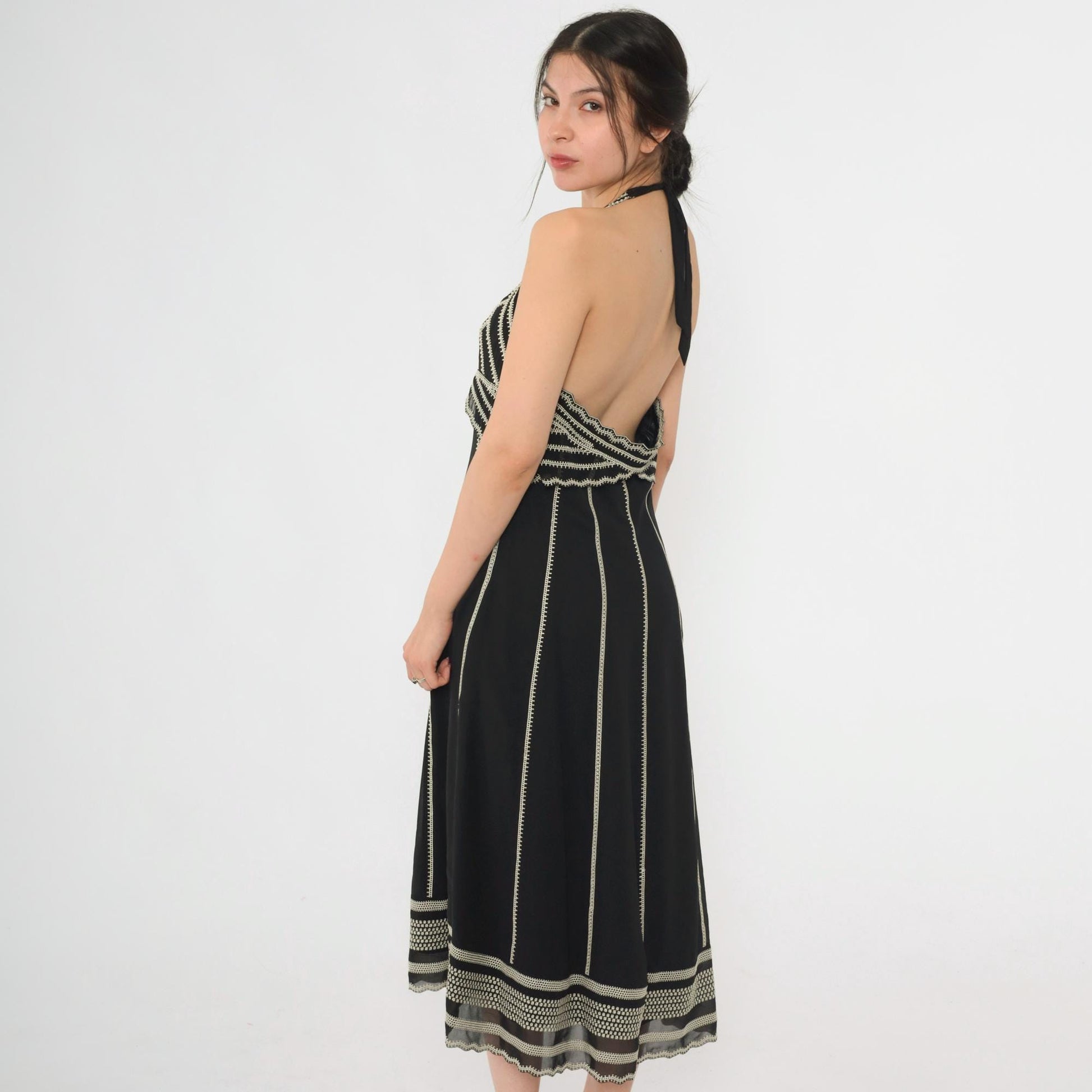 Y2K Eliza J Black Halter Midi Dress Embroidered Beaded Empire Waist Small 6