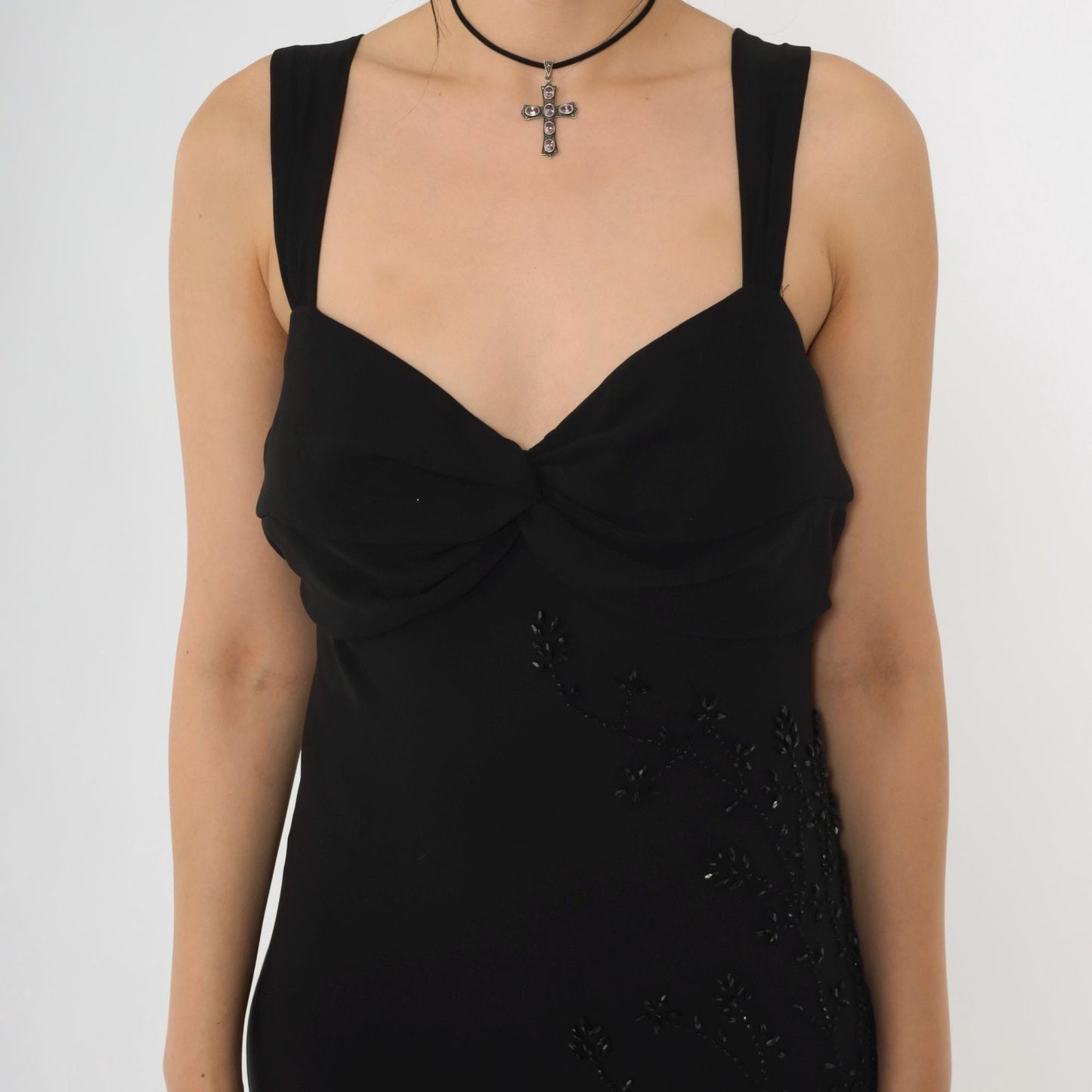Y2K Black Chiffon Maxi Dress Floral Beading Sweetheart Neckline Large