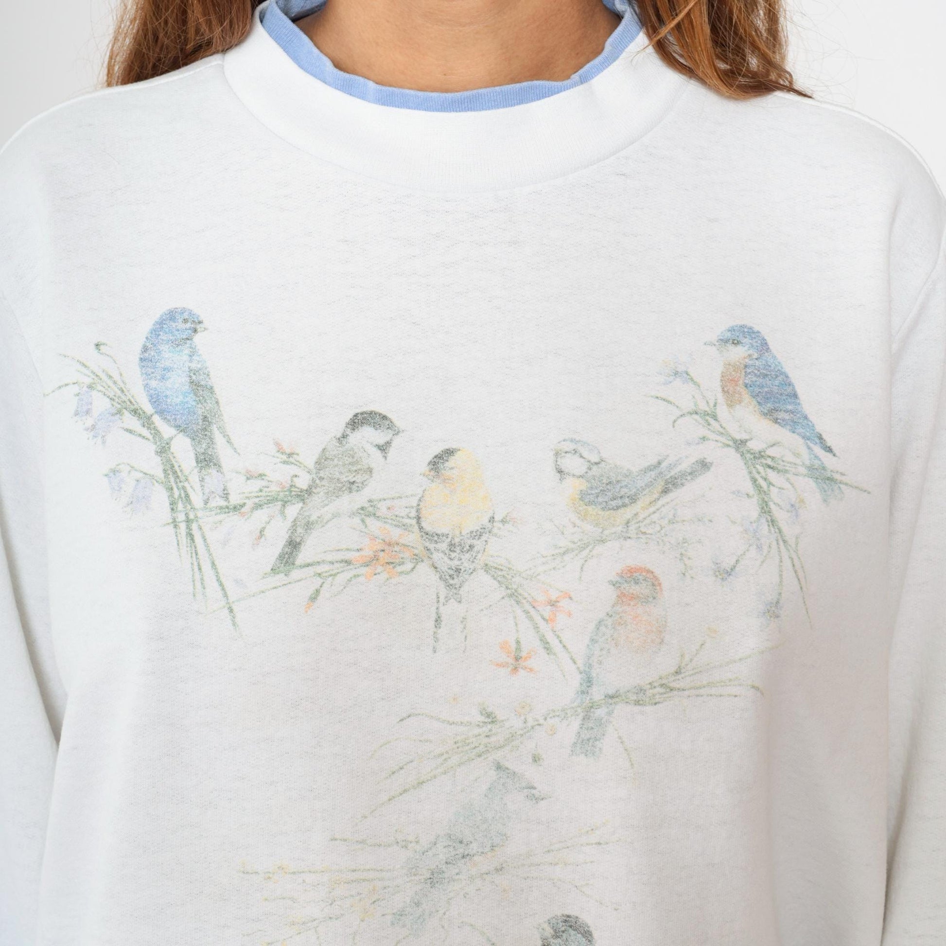 90s Bird Wildlife Sweatshirt White Graphic Double Collar Pullover Large L