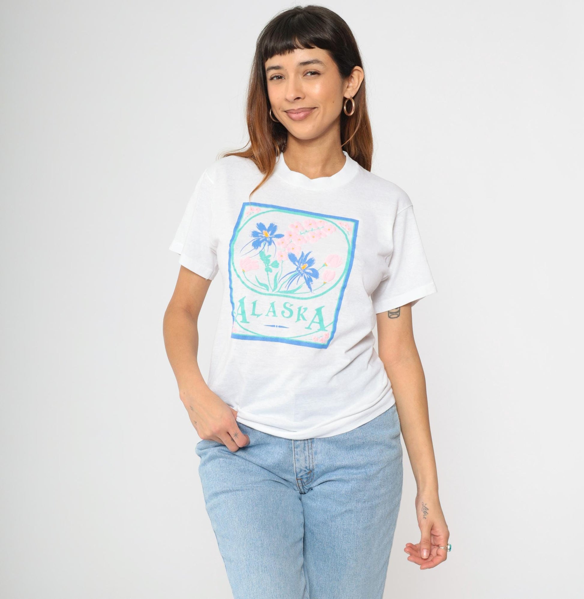 90s Screen Stars Alaska Floral Graphic T-Shirt White Single Stitch Small
