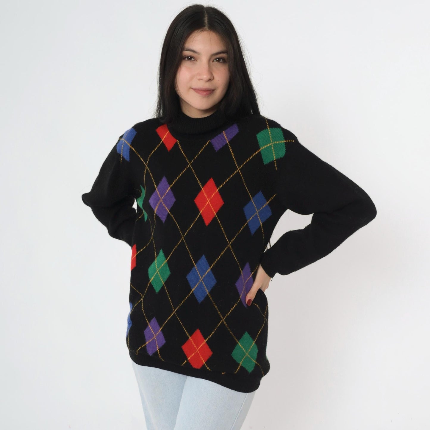 80s Wheeler & Martha Wool Argyle Sweater Black Mock Neck Medium