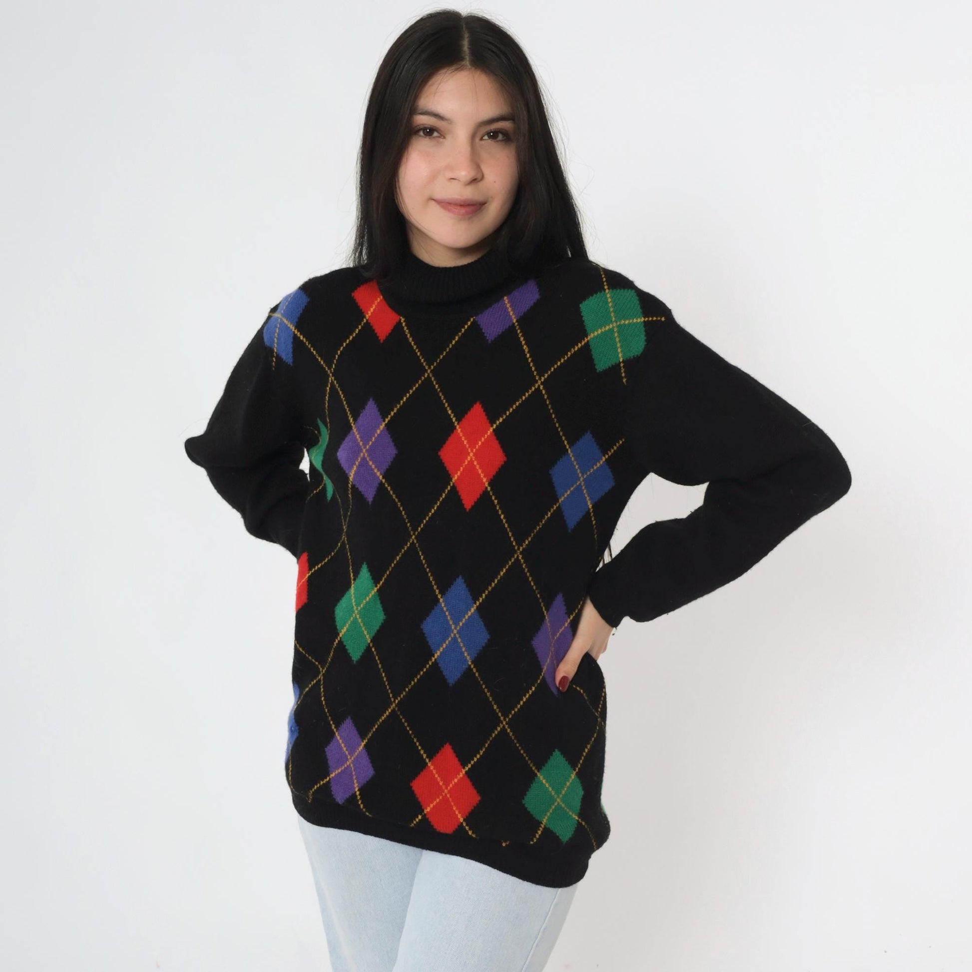 80s Wheeler & Martha Wool Argyle Sweater Black Mock Neck Medium