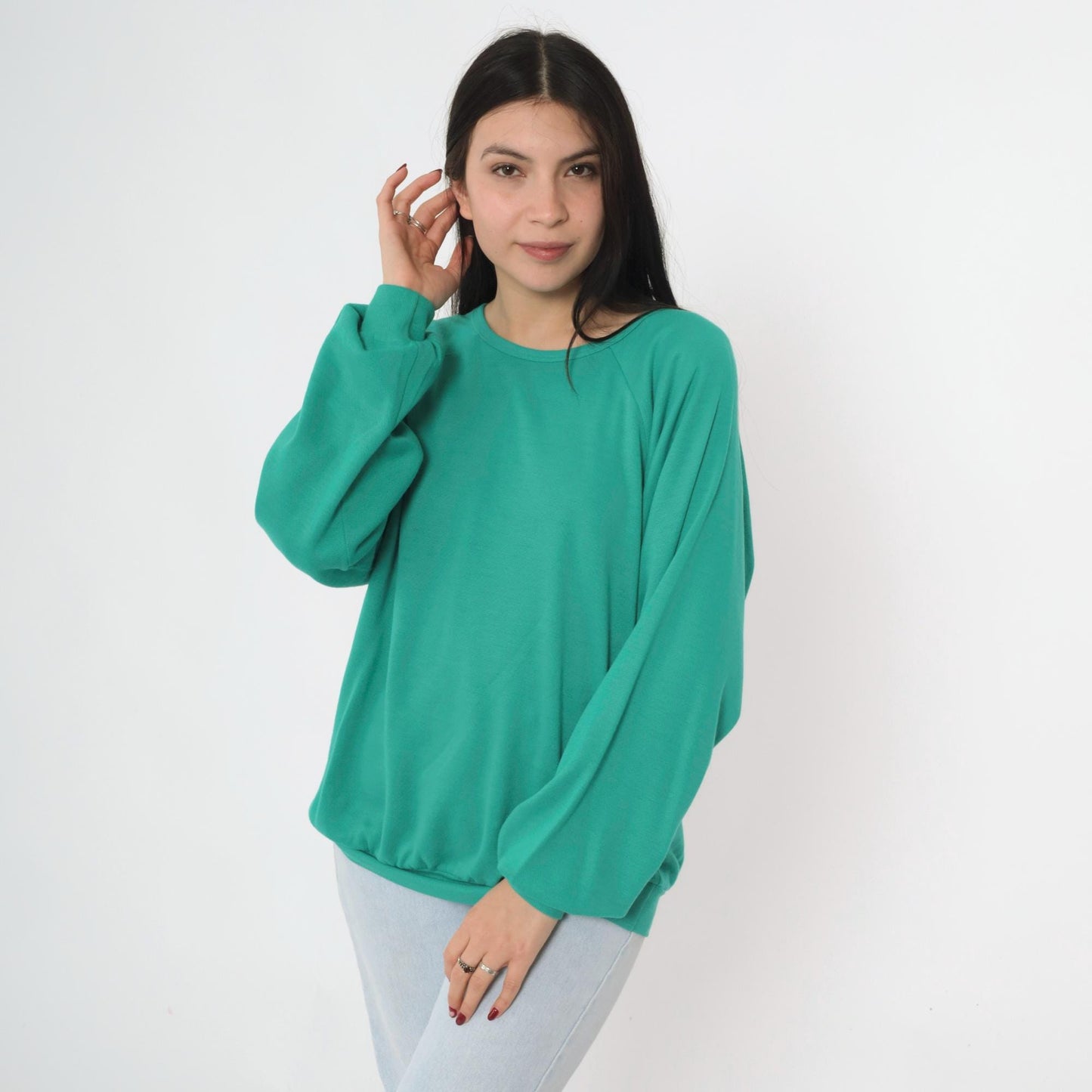 80s Green Crewneck Sweatshirt Raglan Sleeve Vintage Medium Large
