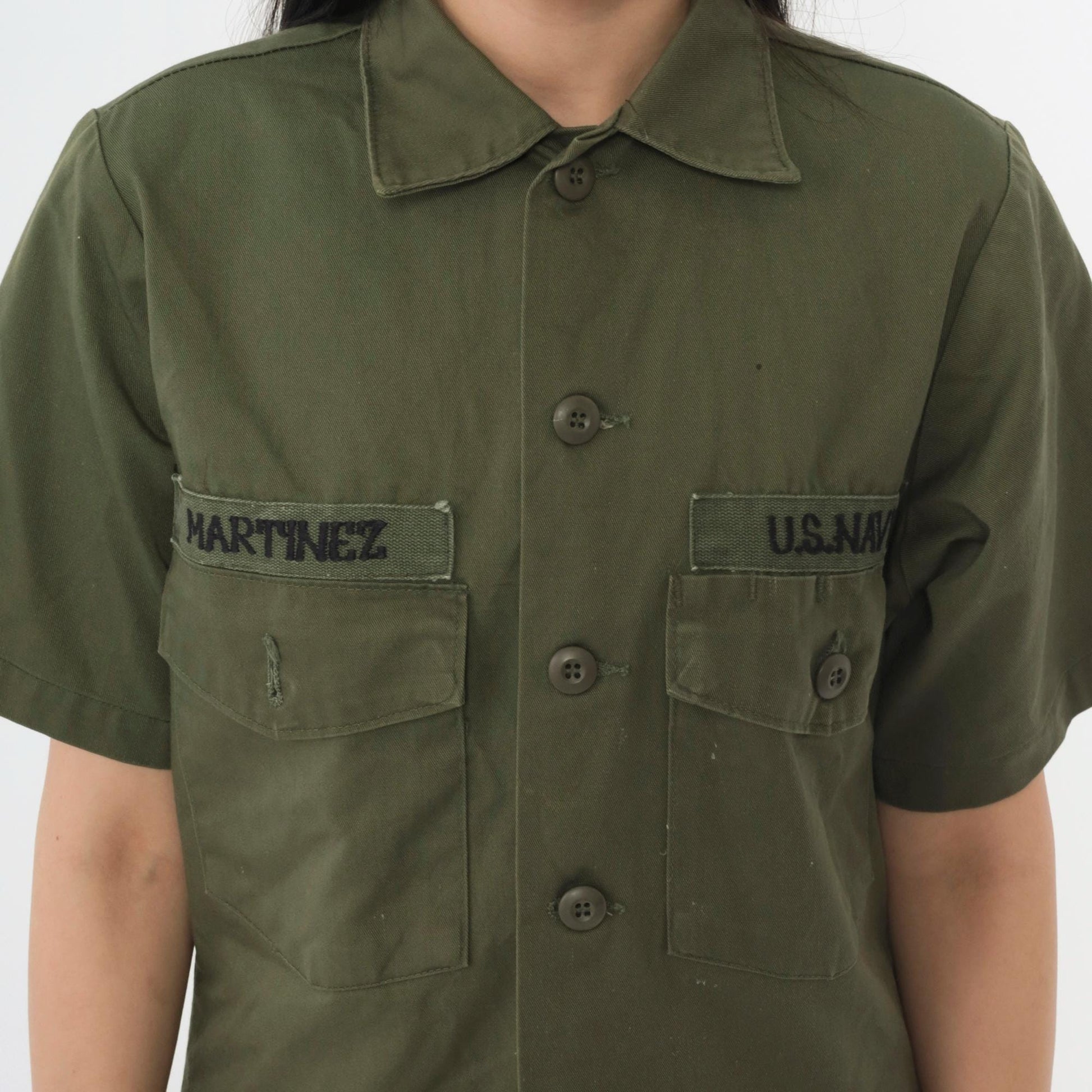70s U.S. Navy Olive Green Cotton Twill Military Utility Shirt Small