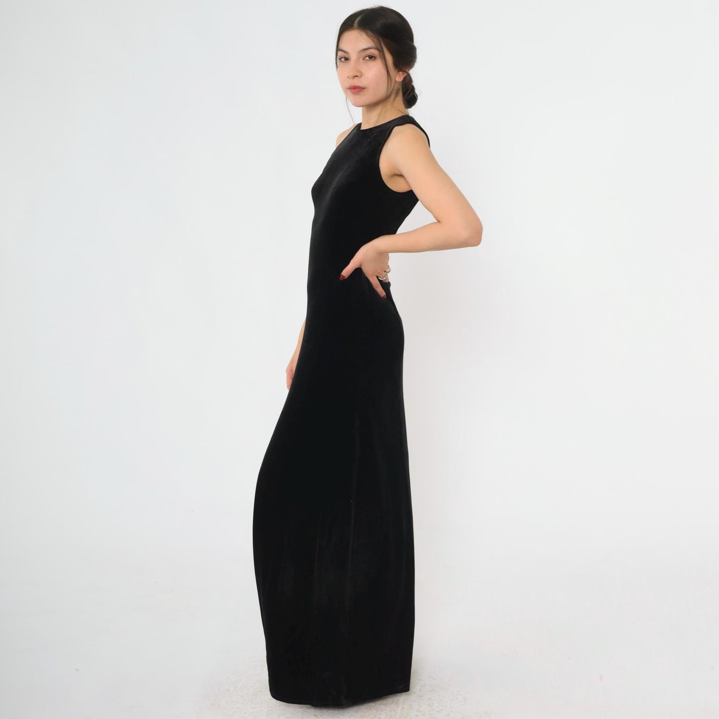 90s Papell Boutique Black Velvet Maxi Gown Rhinestone Back Sleeveless Small 4