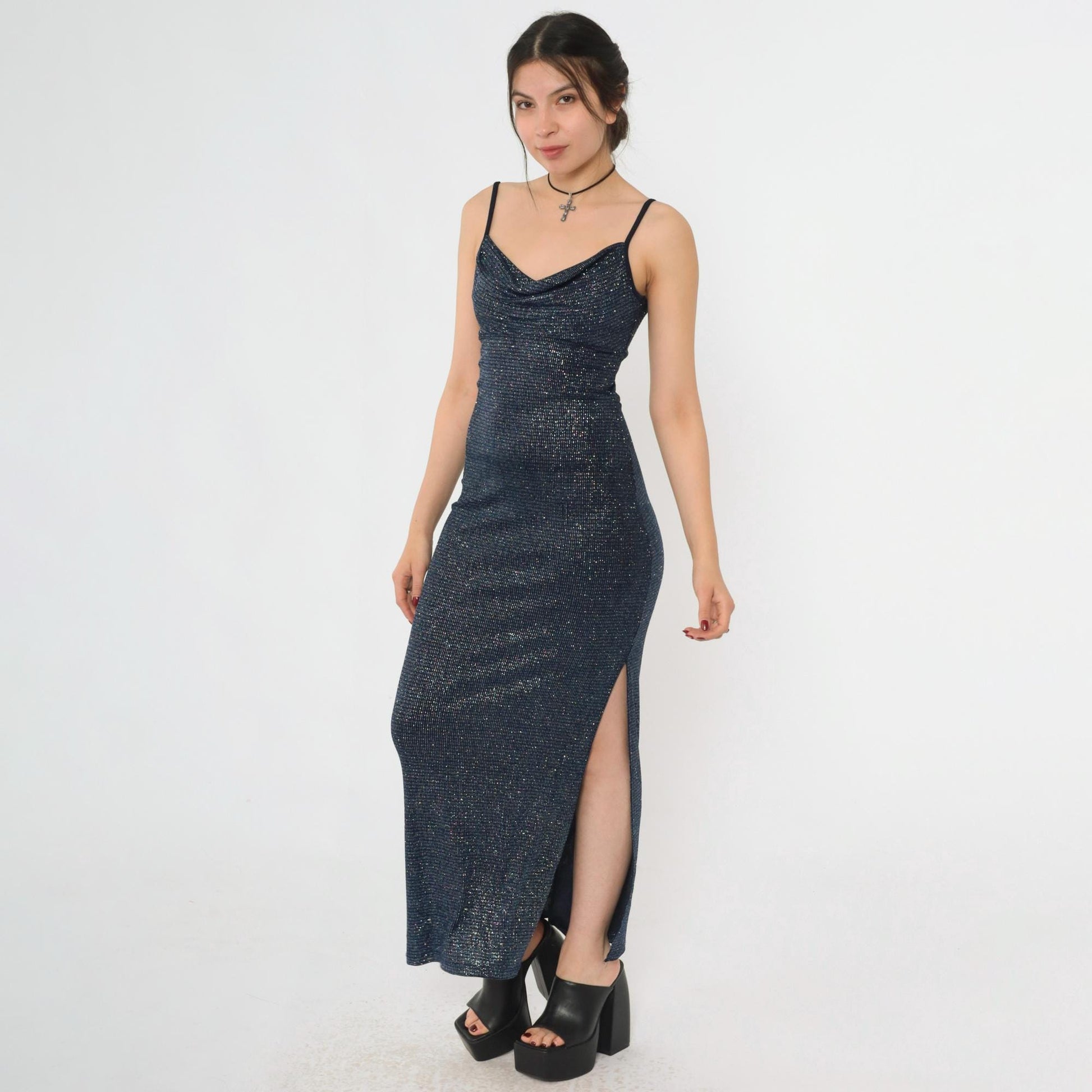 00s Metallic Blue Maxi Dress Cowl Neck Bodycon High Slit Small