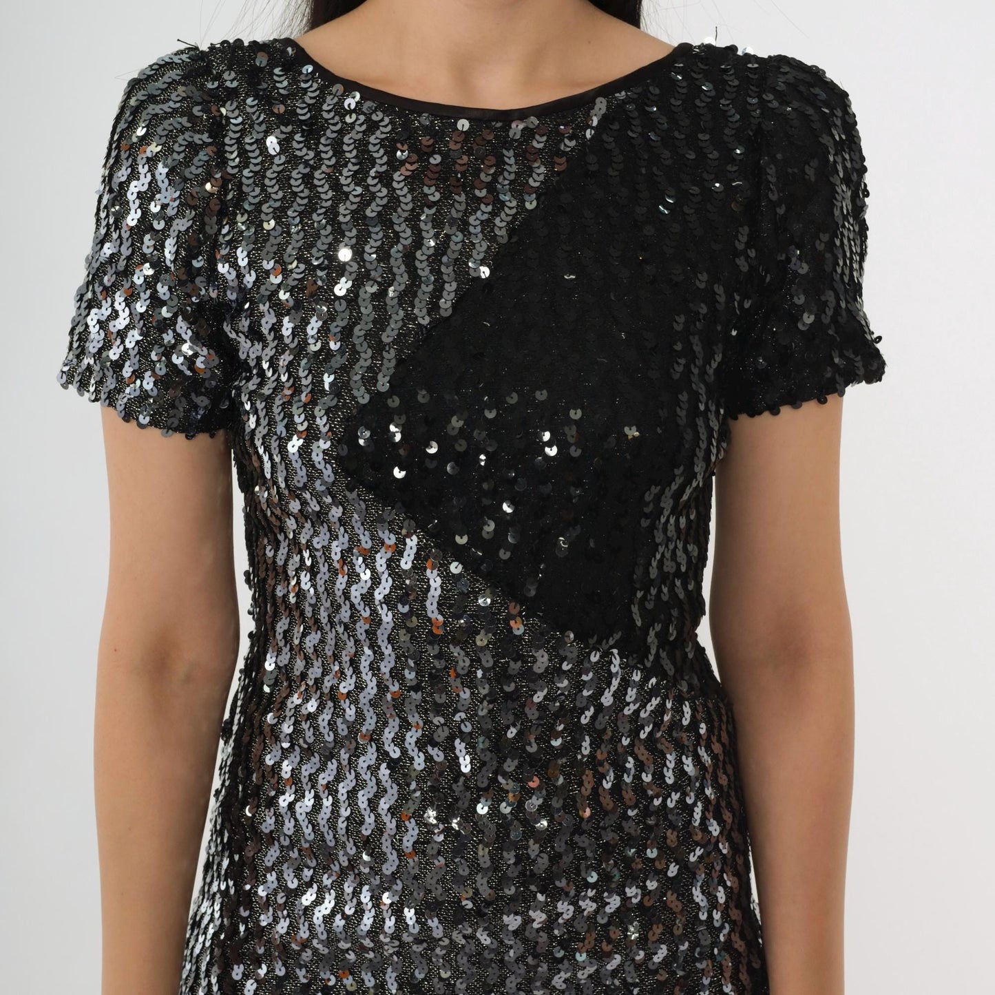 80s Silver Black Sequin Color Block Mini Dress Puff Sleeve Scoop Back Small