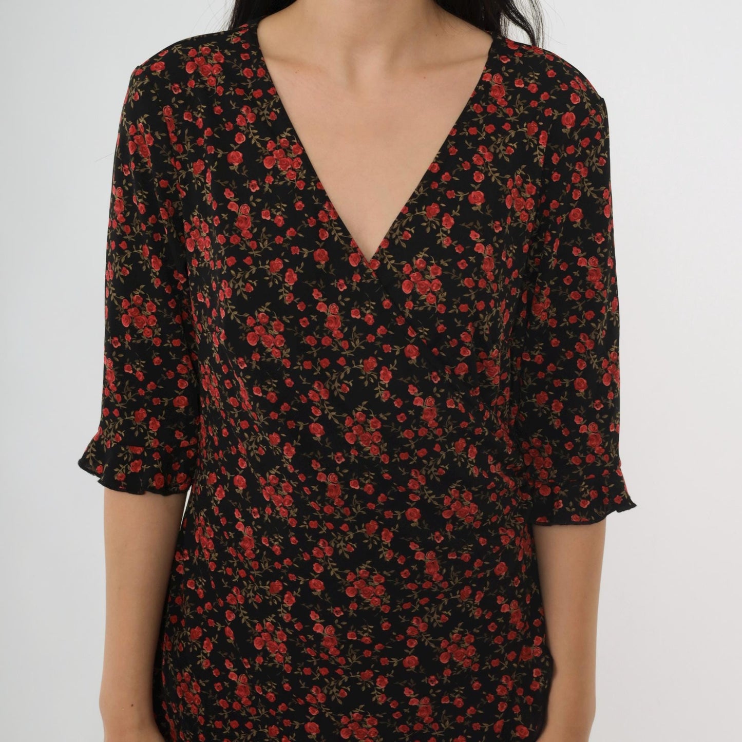 90s Connected Apparel Black Floral Midi Dress Rose Print V Neck Medium