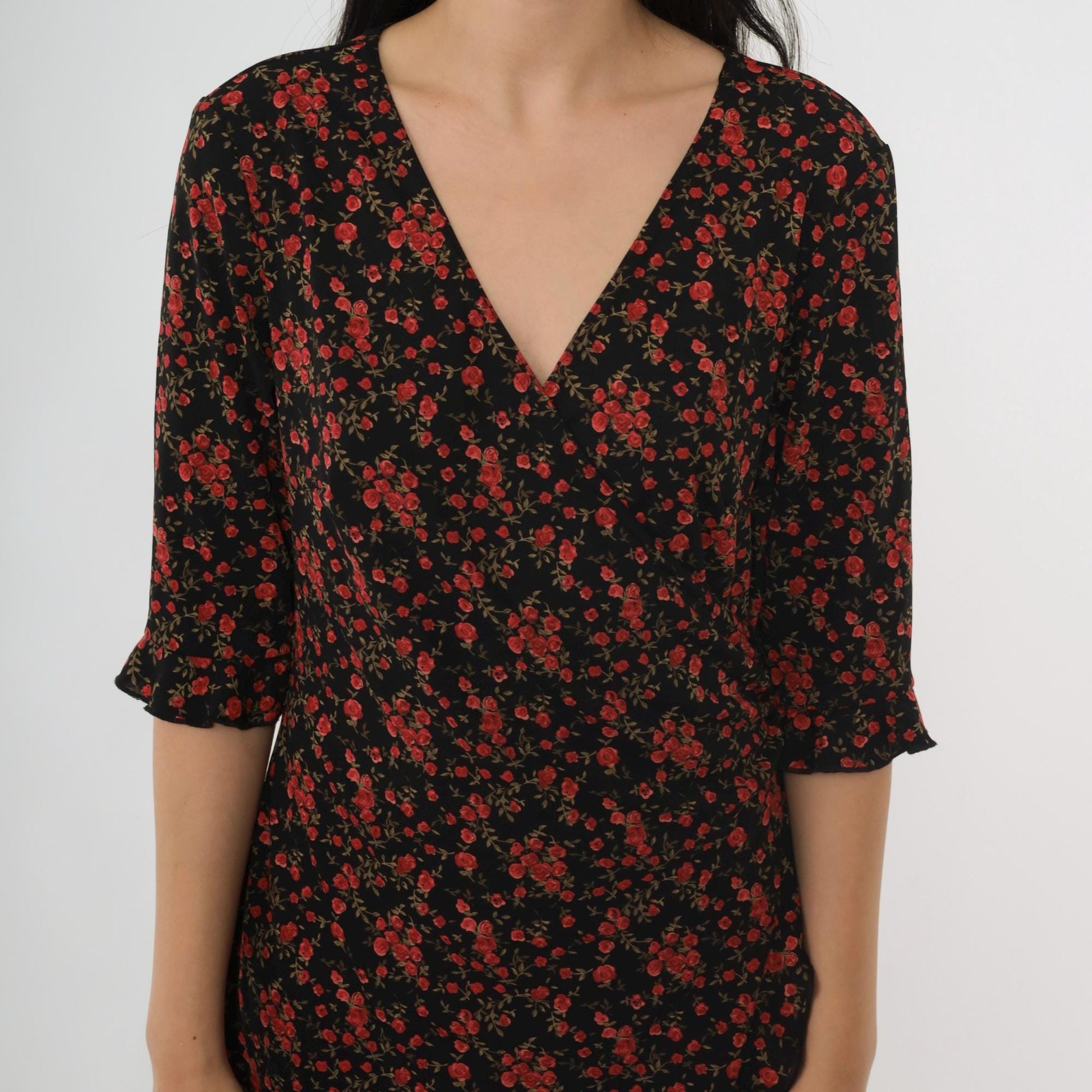 90s Connected Apparel Black Floral Midi Dress Rose Print V Neck Medium