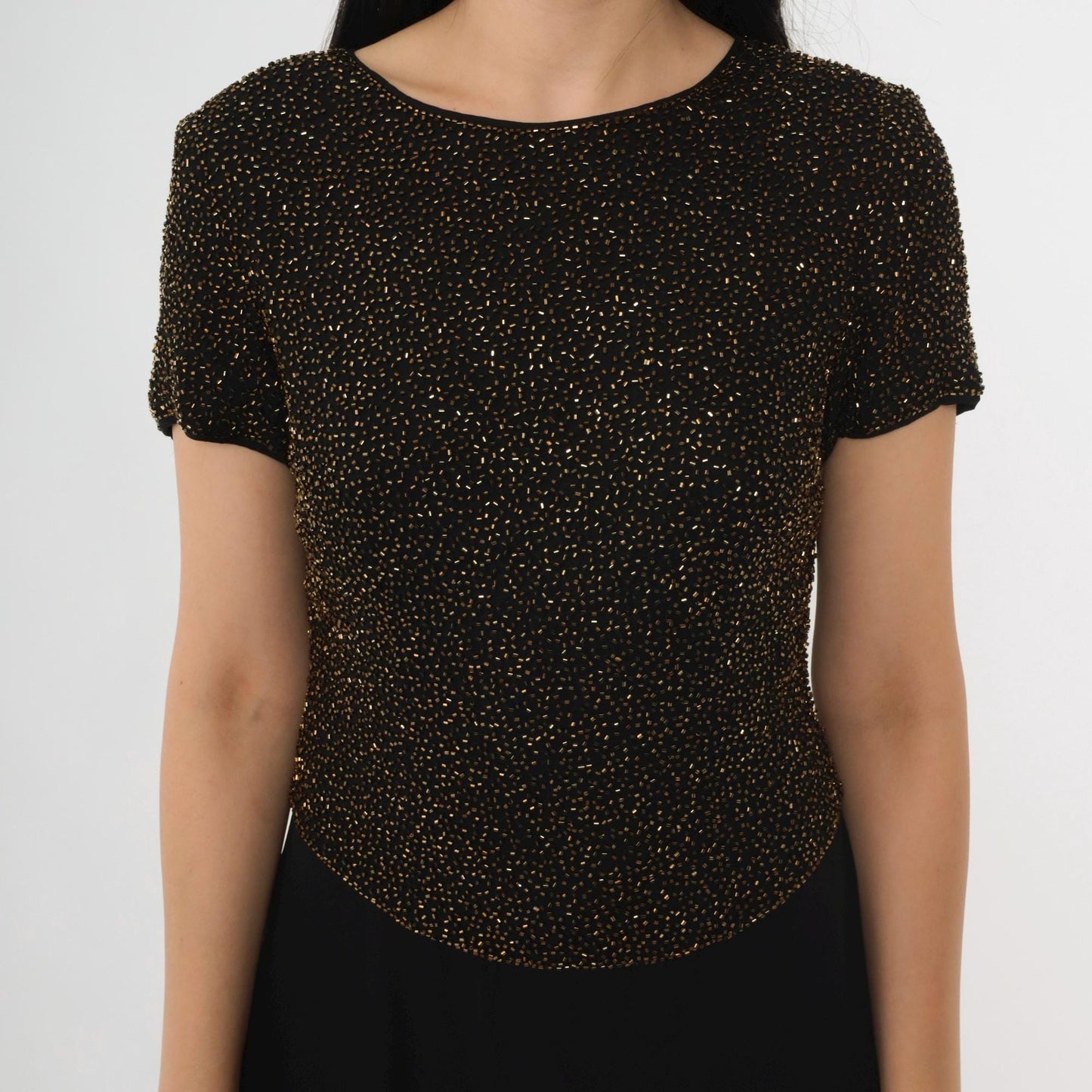 90s Cache Beaded Silk Chiffon Mini Dress Black Gold Fit Flare Small