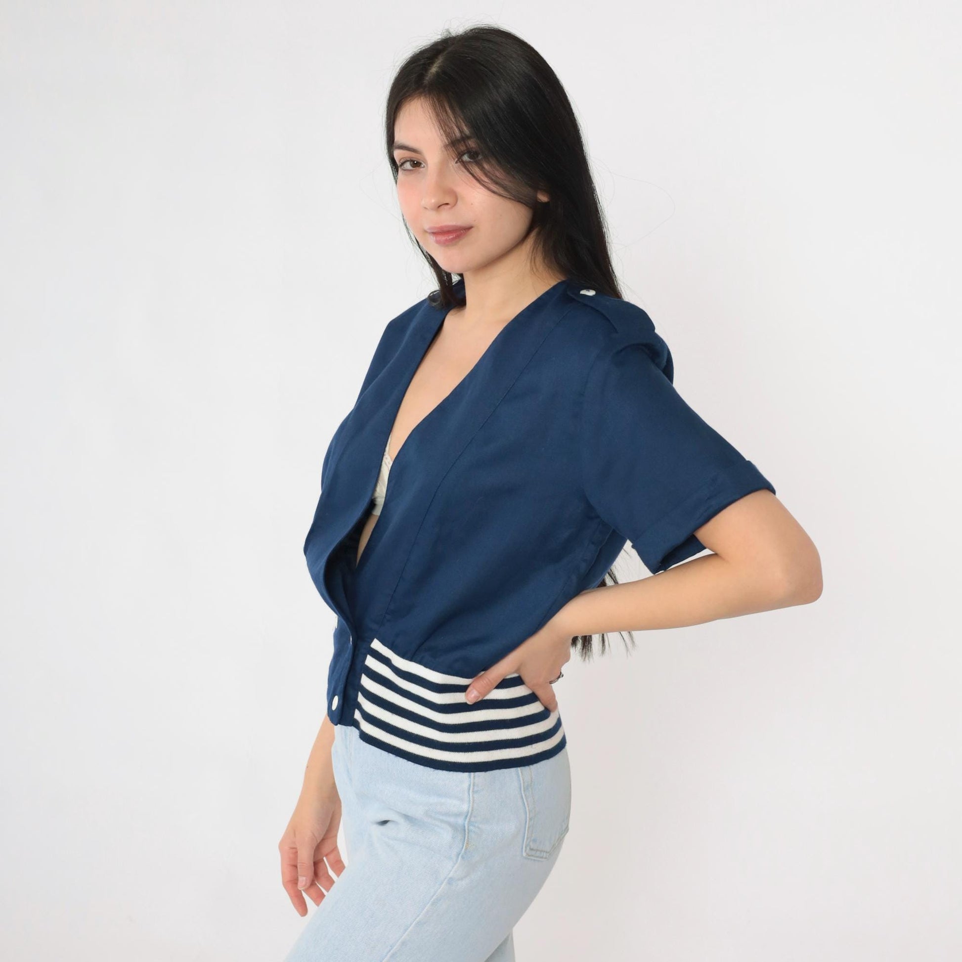 80s Lanz Nautical Striped Button-Up Blouse Deep V-Neck Dark Blue White Medium