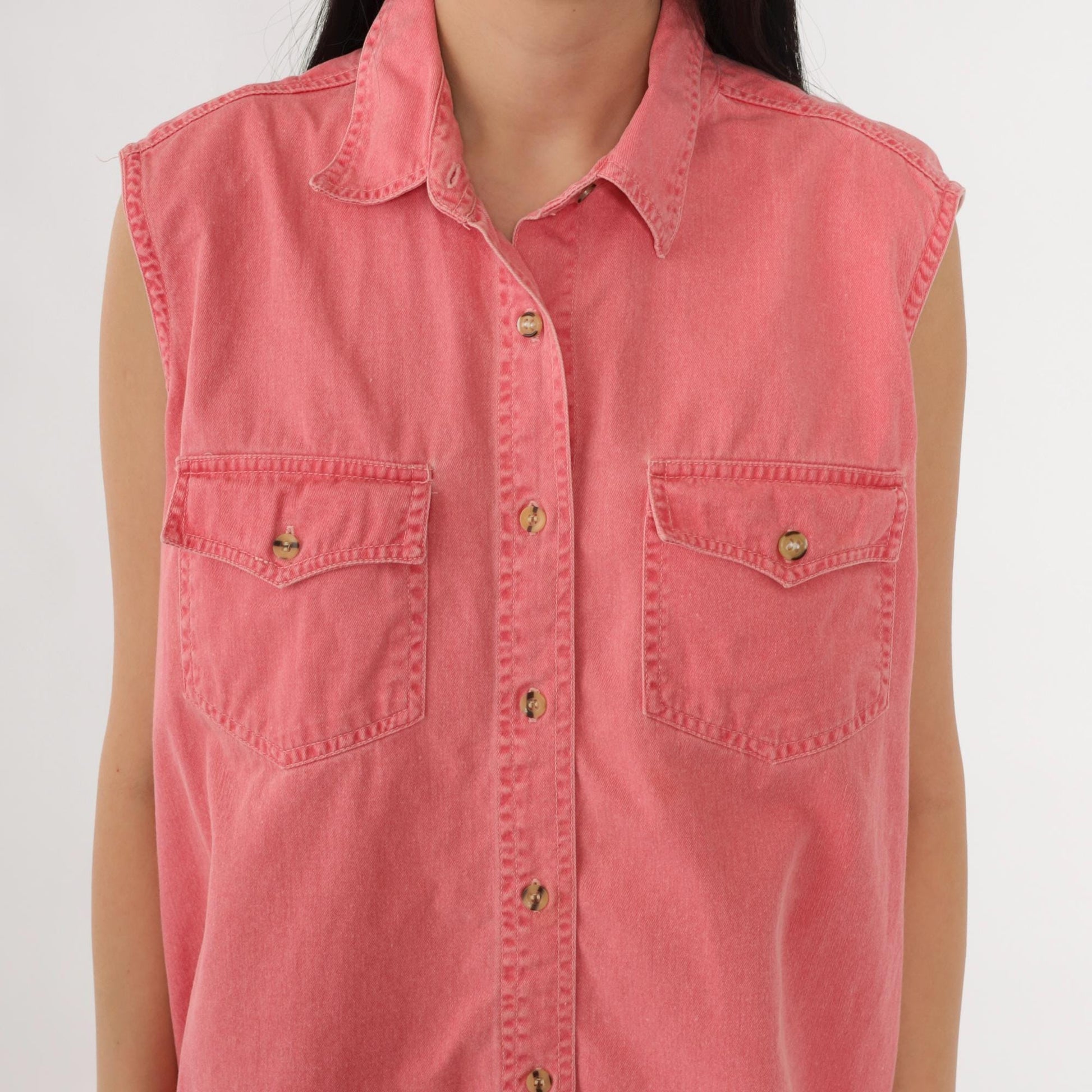 90s Pink Cotton Sleeveless Button-Up Blouse Chest Pockets Large L