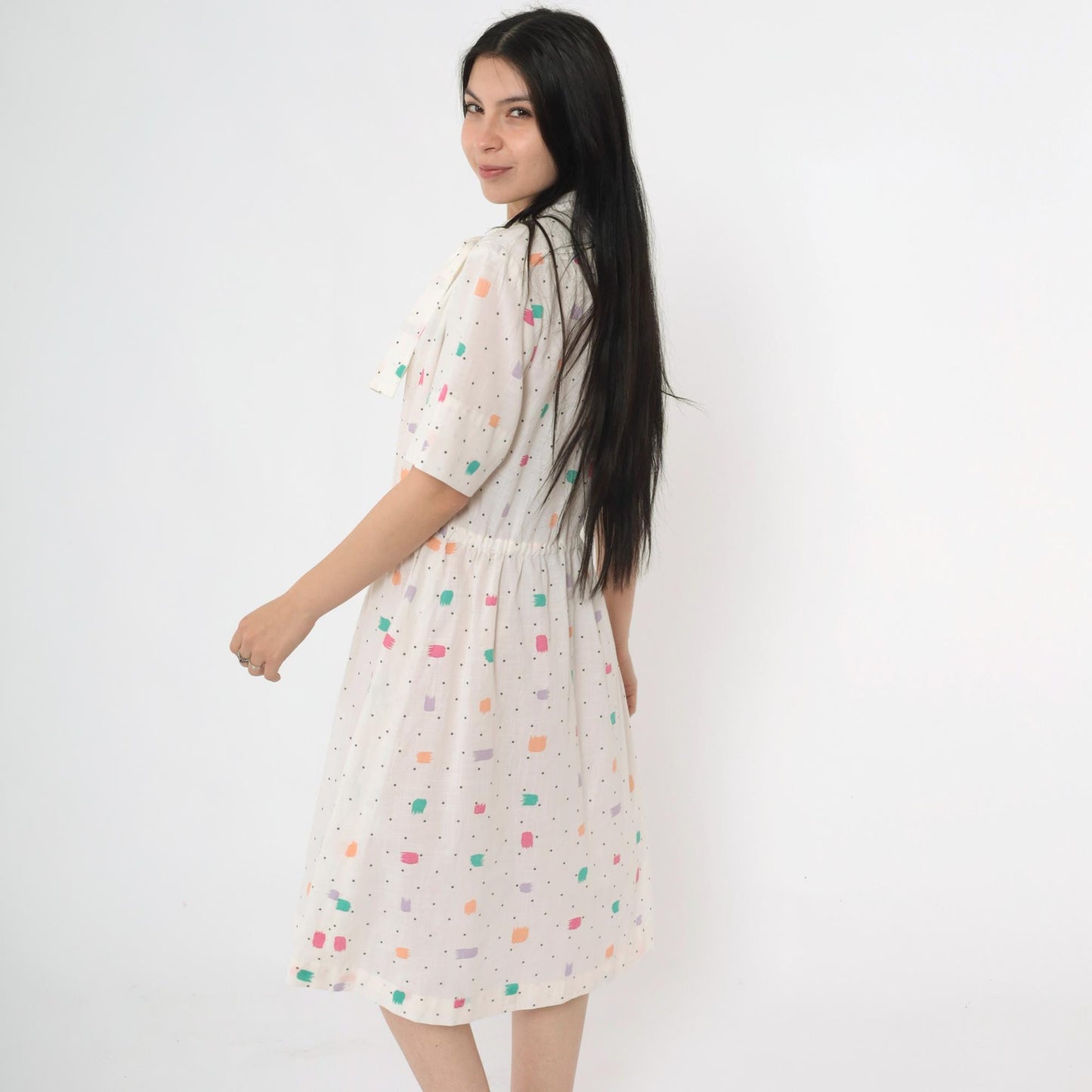 80s White Brushstroke Polka Dot Midi Shirtdress Ascot High Waist Large