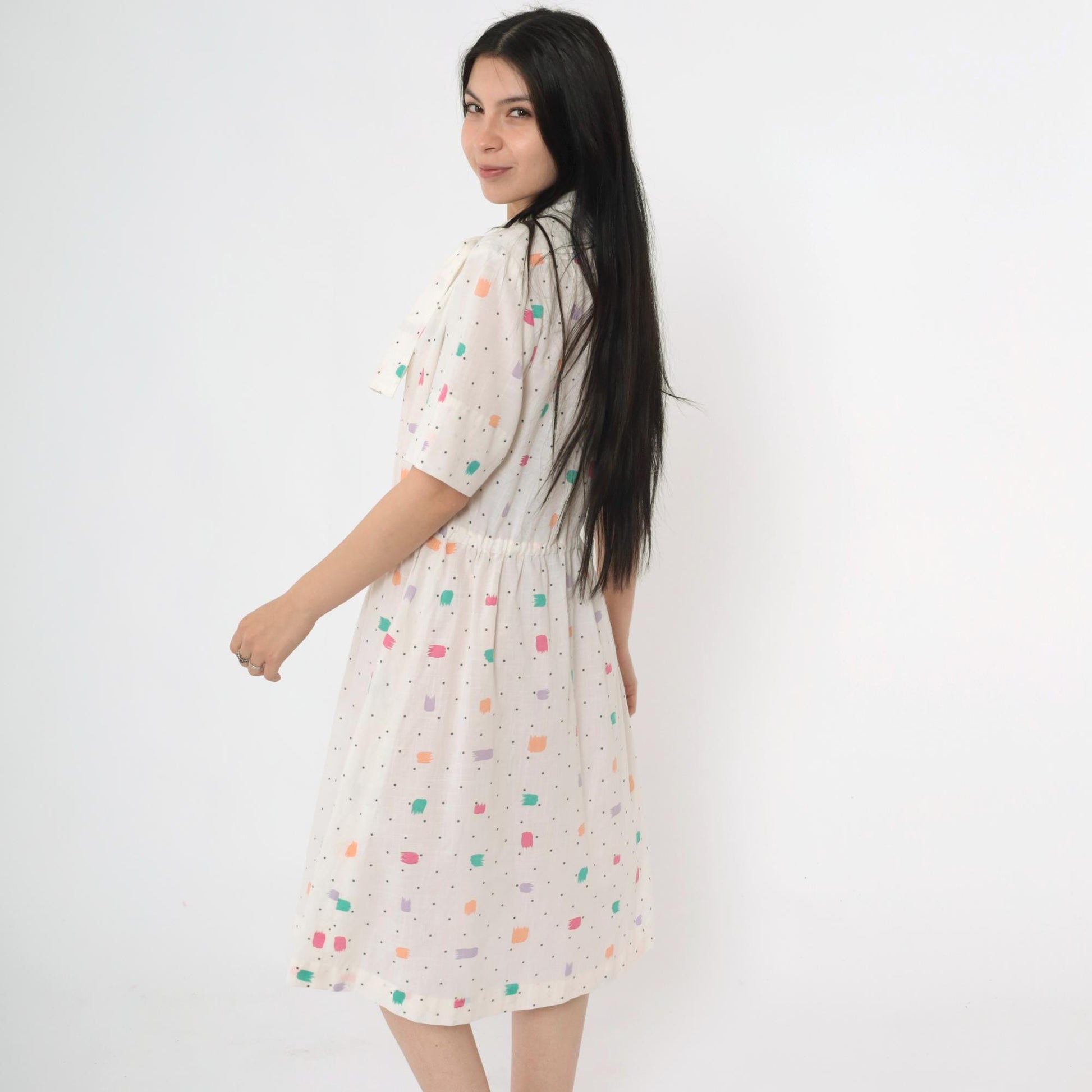 80s White Brushstroke Polka Dot Midi Shirtdress Ascot High Waist Large