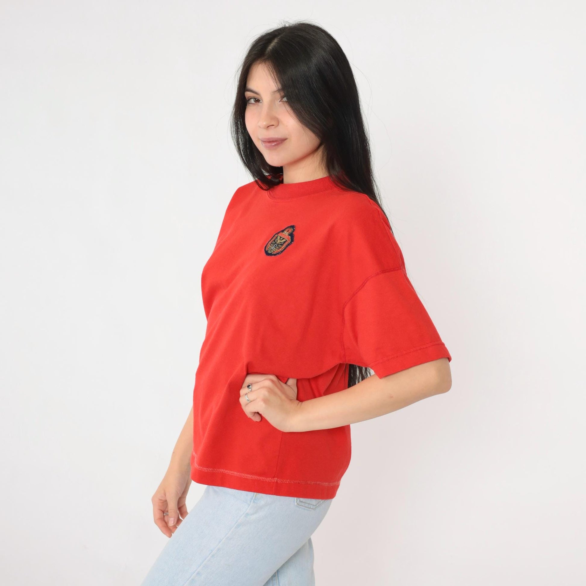 90s Grand Eagle Crest Embroidered T-Shirt Red Crewneck Extra Large XL