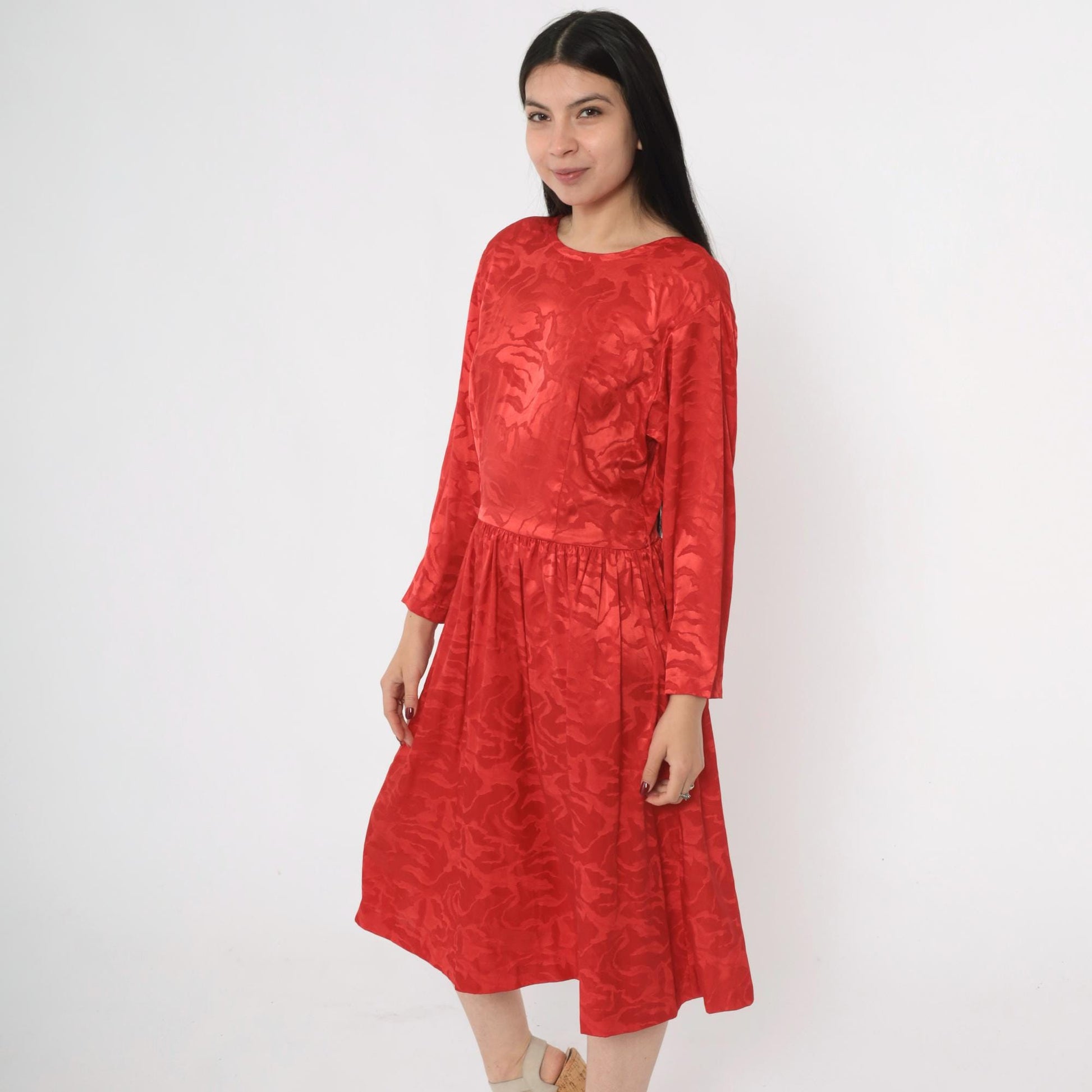 80s Apostrophe Red Jacquard Midi Dress Scoop Back Long Sleeve Medium M