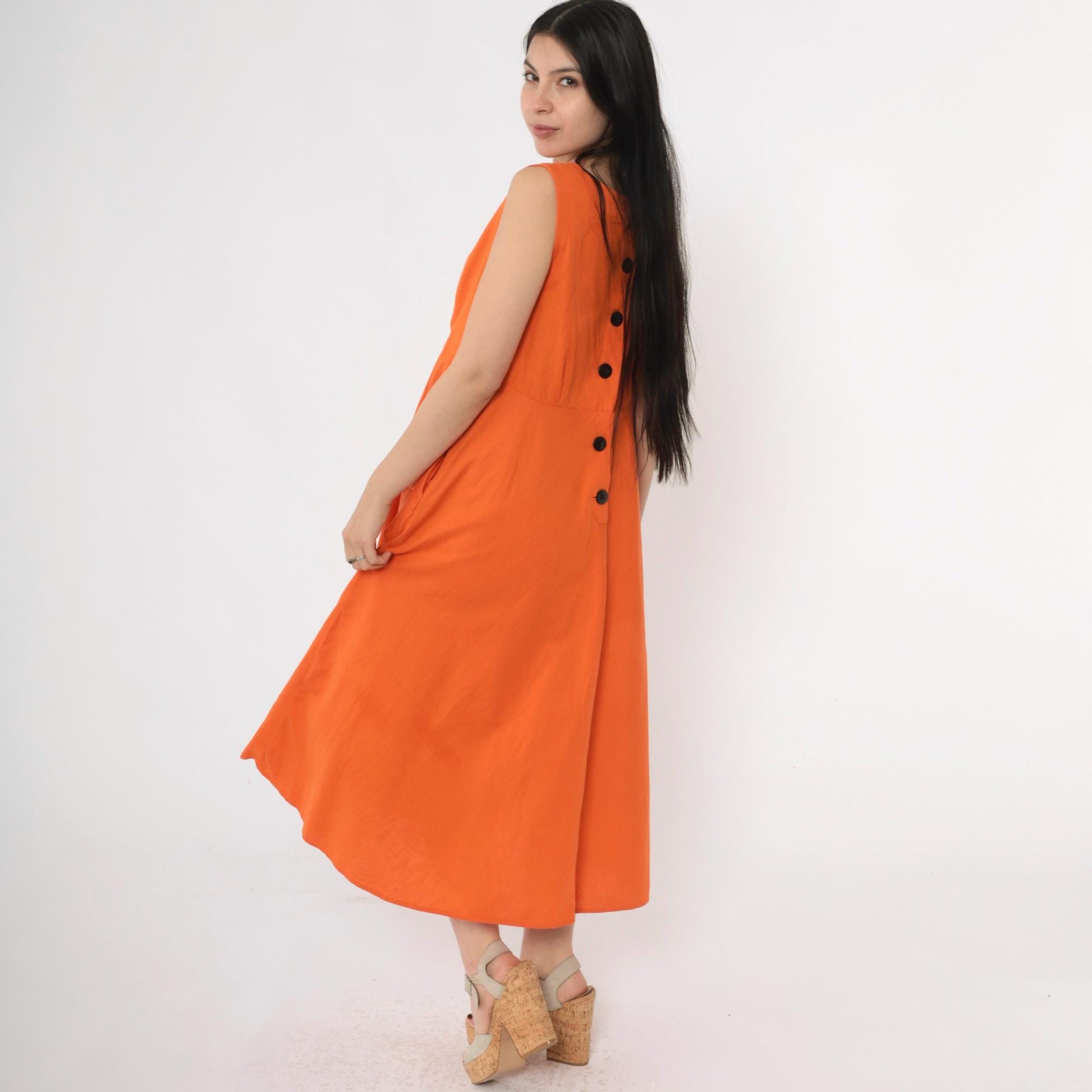 80s Orange Midi Dress Button Back A-Line Sleeveless Medium M