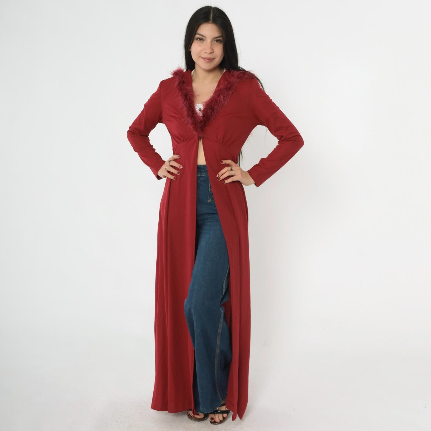 70s Burgundy Maxi Jacket Feather Trim Hood Deep V Neck Small Medium