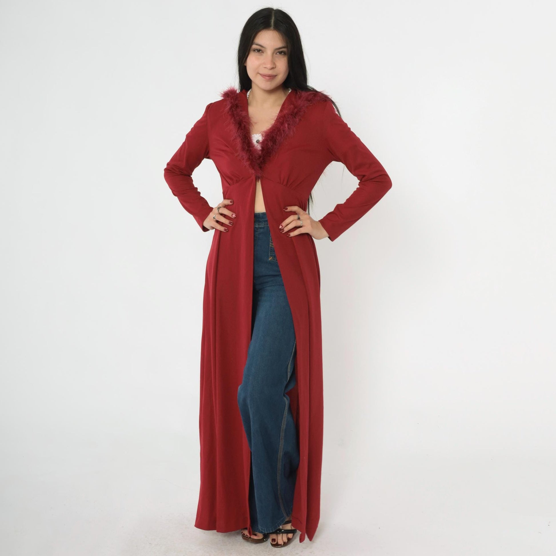 70s Burgundy Maxi Jacket Feather Trim Hood Deep V Neck Small Medium