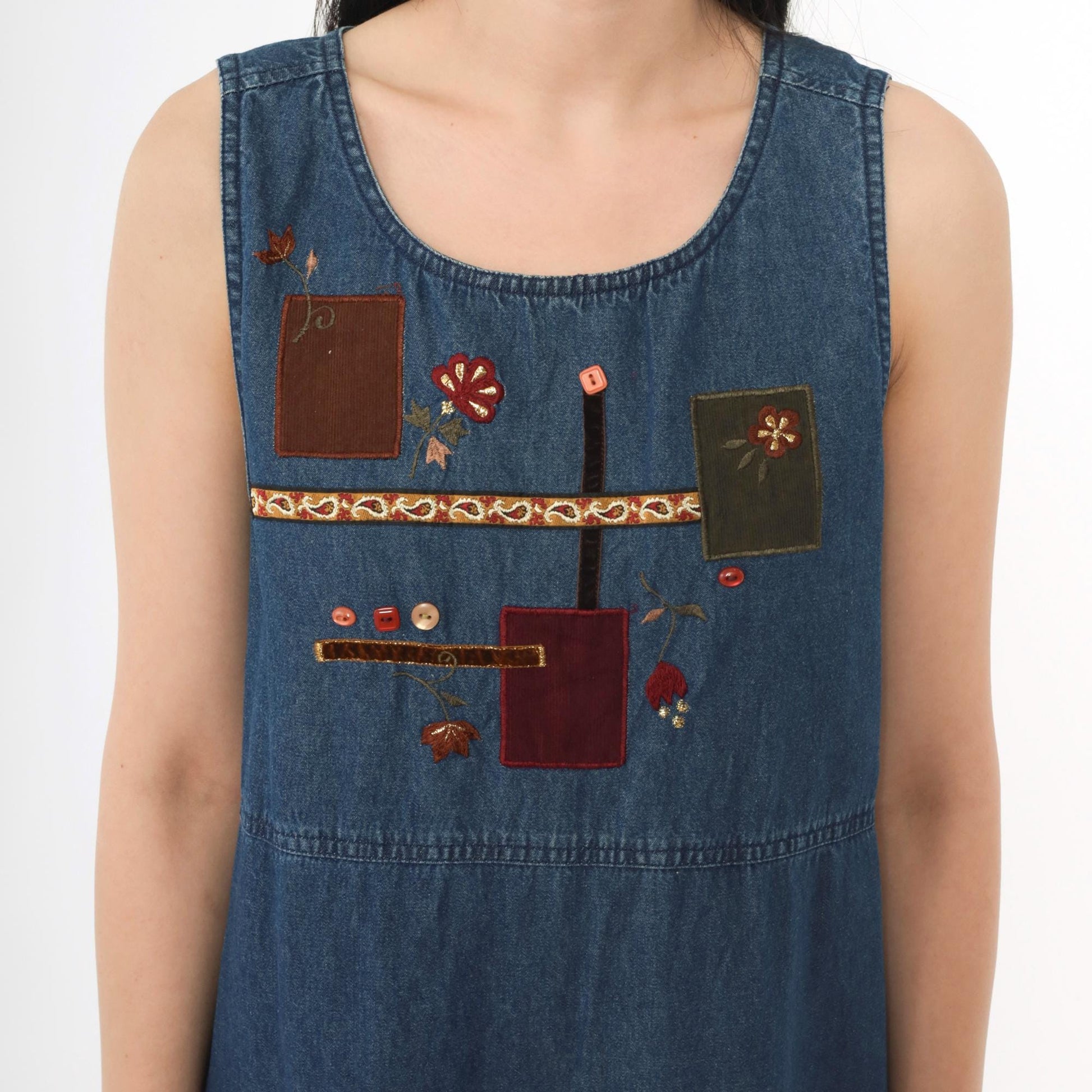 90s Blue Denim Dress Floral Embroidered Patchwork Sleeveless Ankle Length Medium