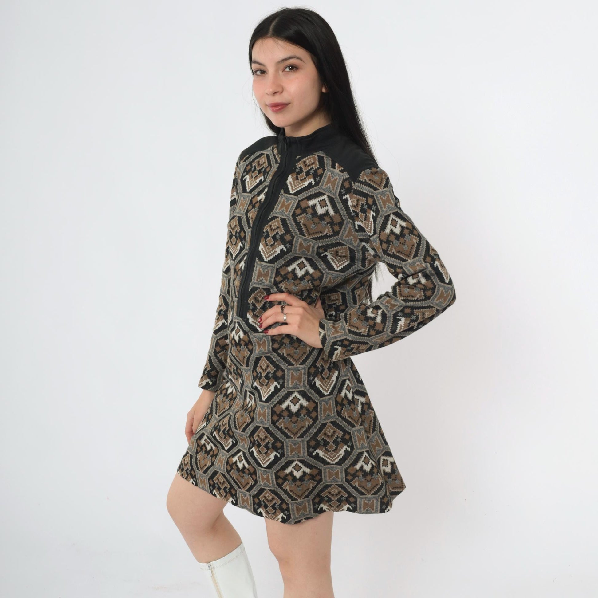 70s Mod Shift Dress Geometric Print Mock Neck Mini Black Brown Medium
