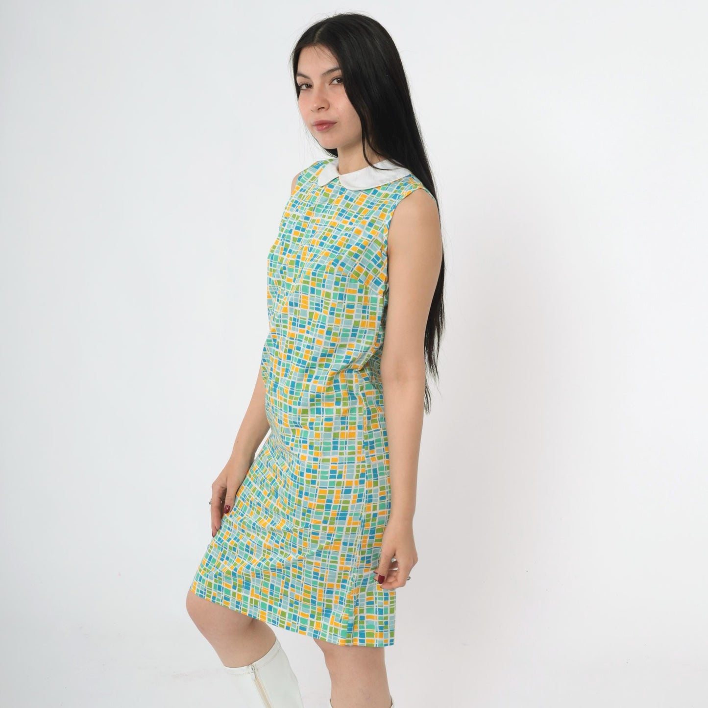 60s Mod Geometric Mini Dress Peter Pan Collar Sleeveless Green Blue Small
