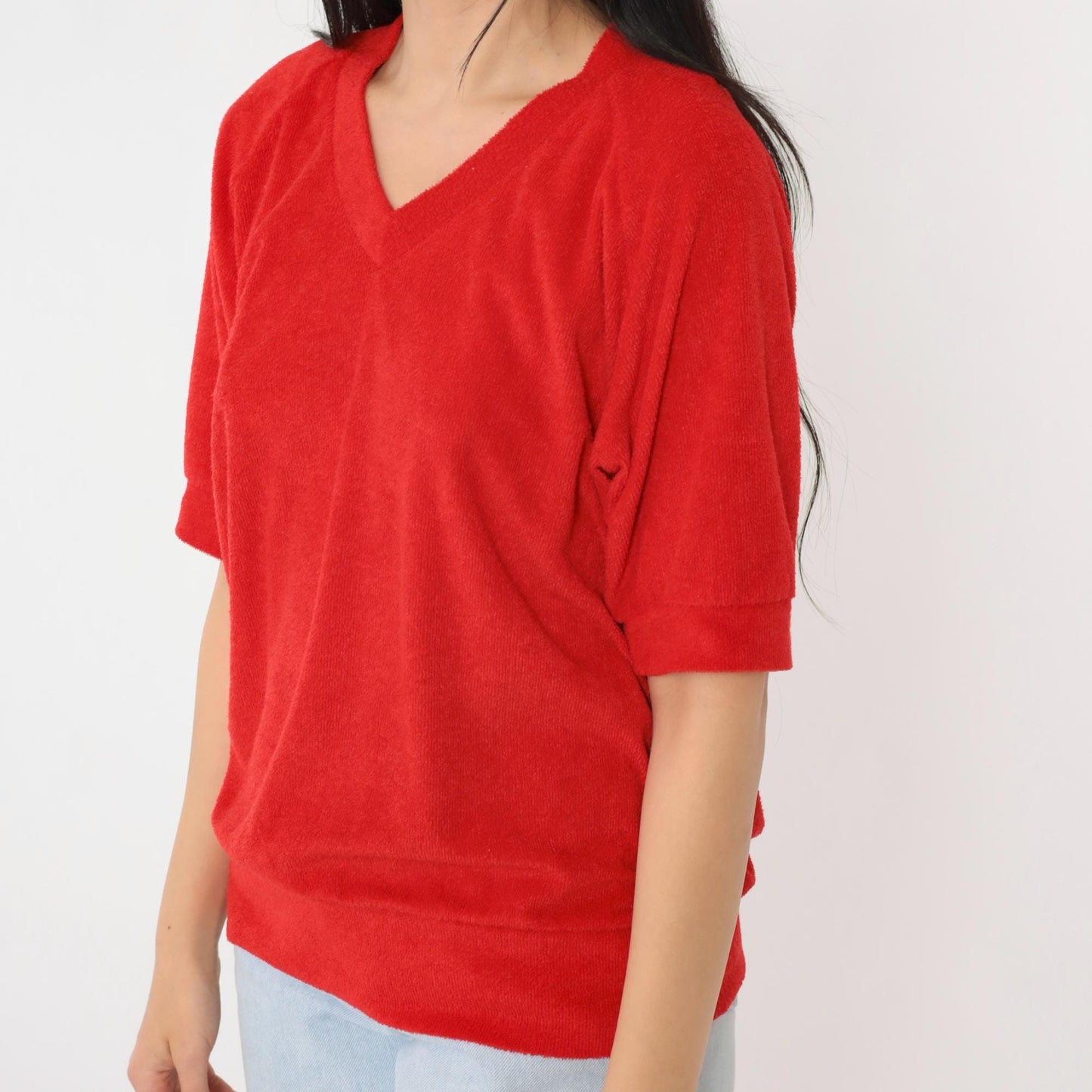 80s Alfie California Terry Cloth V-Neck Top Red Short Sleeve Medium Large