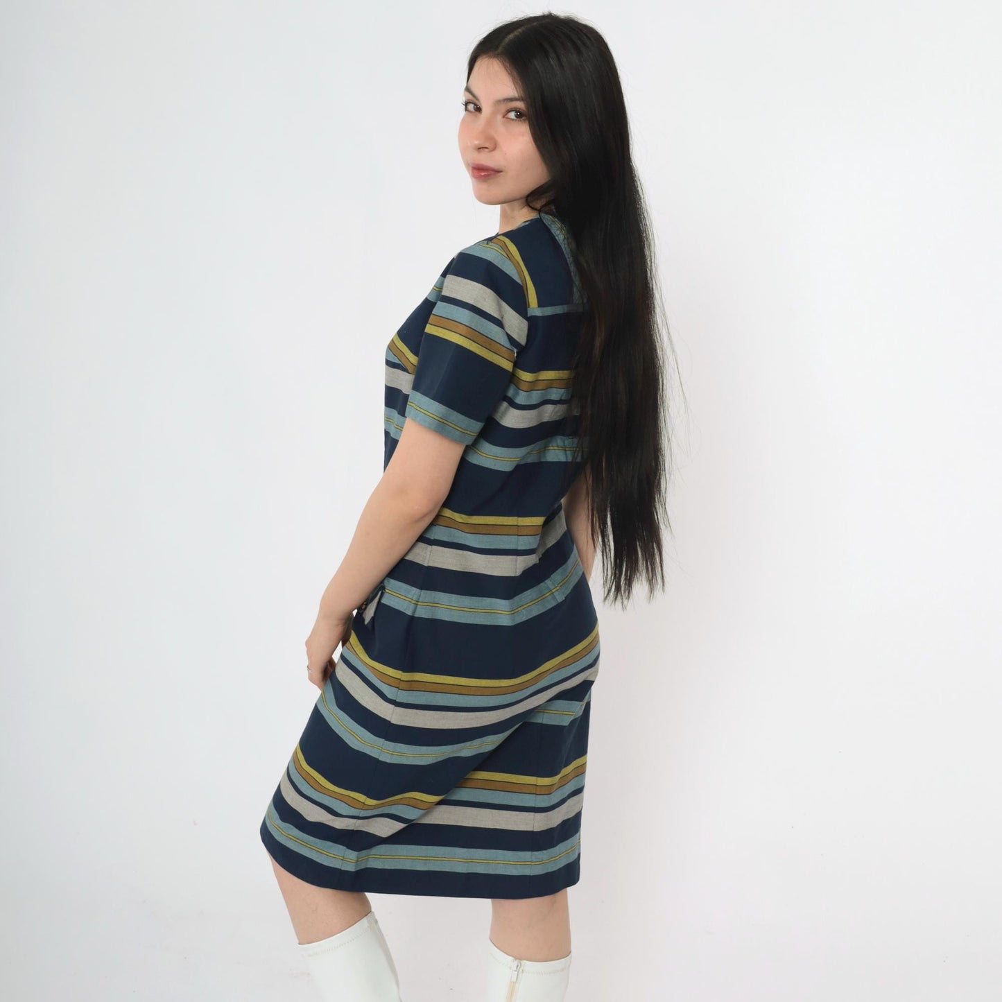 60s Striped Shift Dress Navy Blue Green Grey Mod Crew Neck Small S