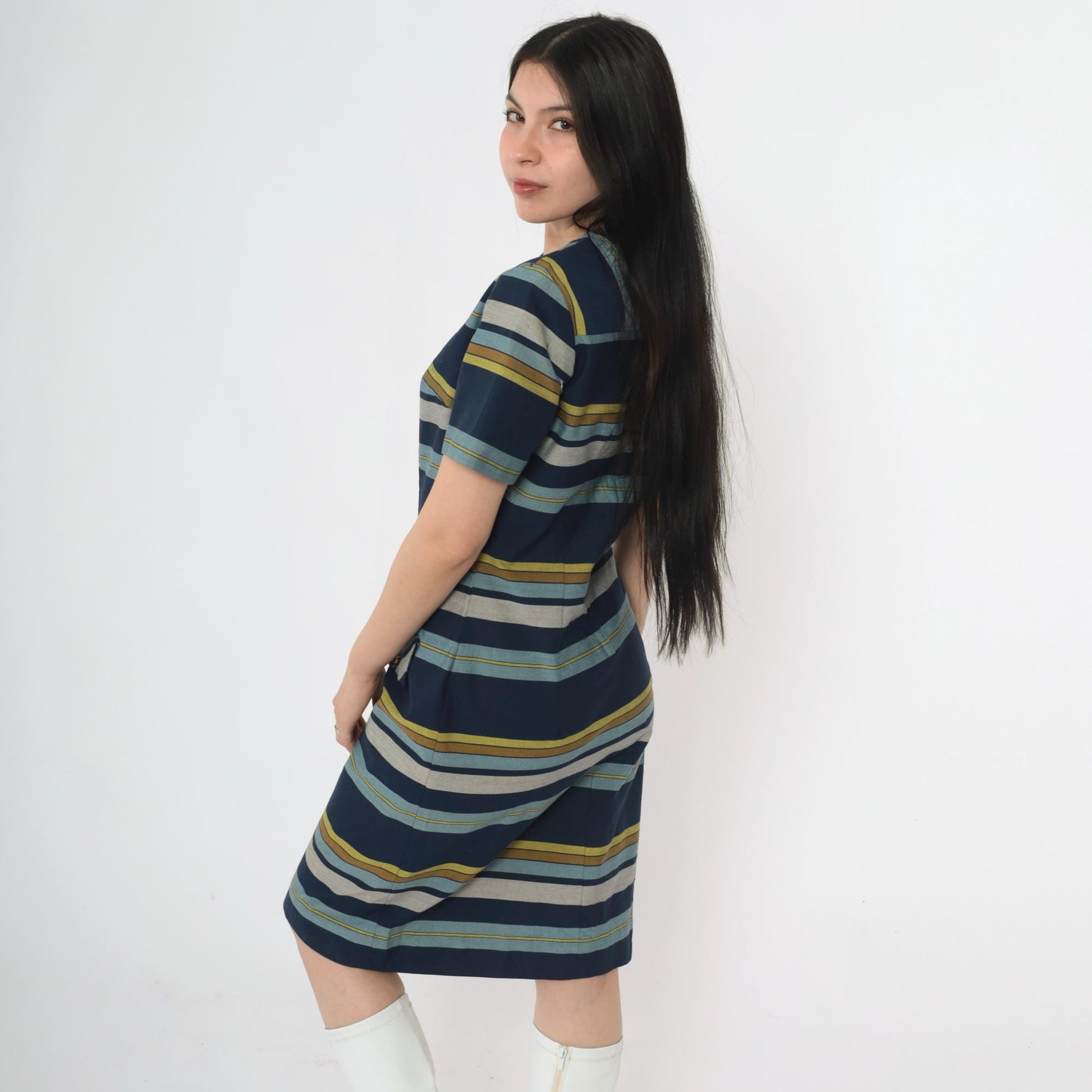 60s Striped Shift Dress Navy Blue Green Grey Mod Crew Neck Small S