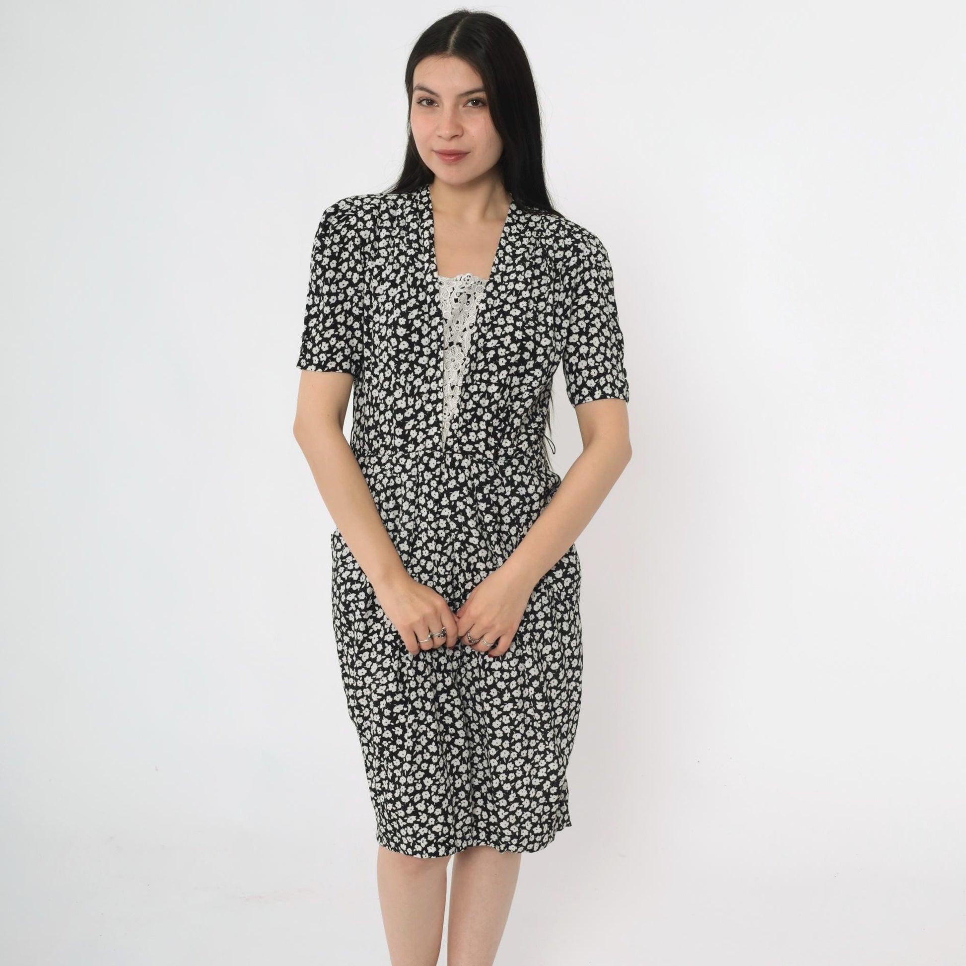 90s Karin Stevens Black Floral Midi Dress Puff Sleeve Lace V-Neck Small