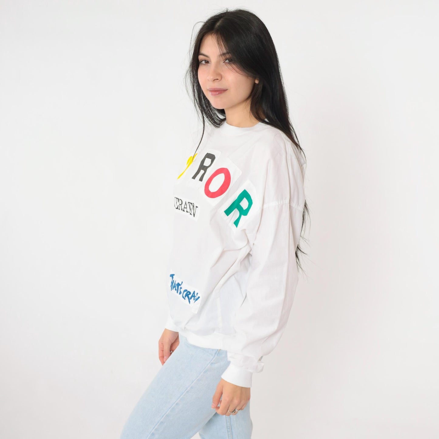 90s Furor Generation Graphic Long Sleeve Shirt White Colorful Appliqué Large L