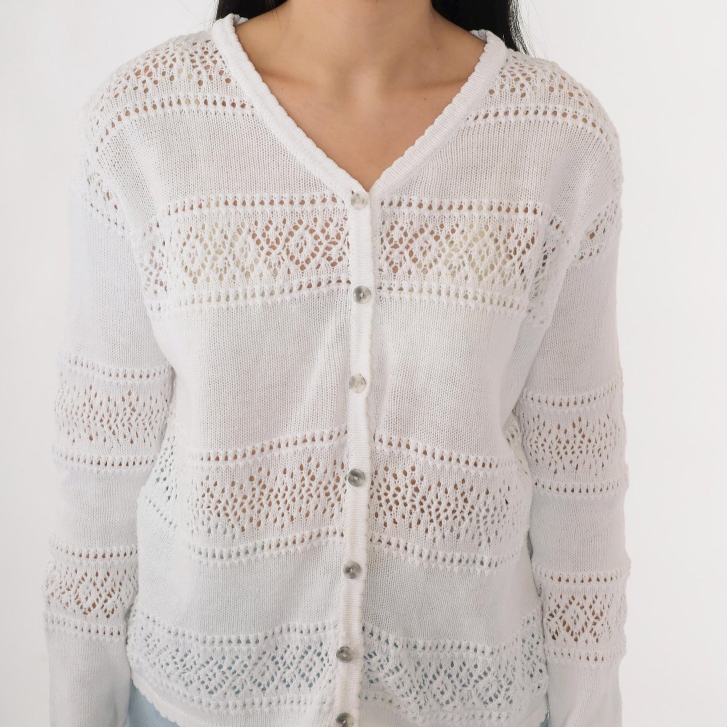 80s White Pointelle Cardigan Sheer Cutout Button-Up V-Neck Medium M