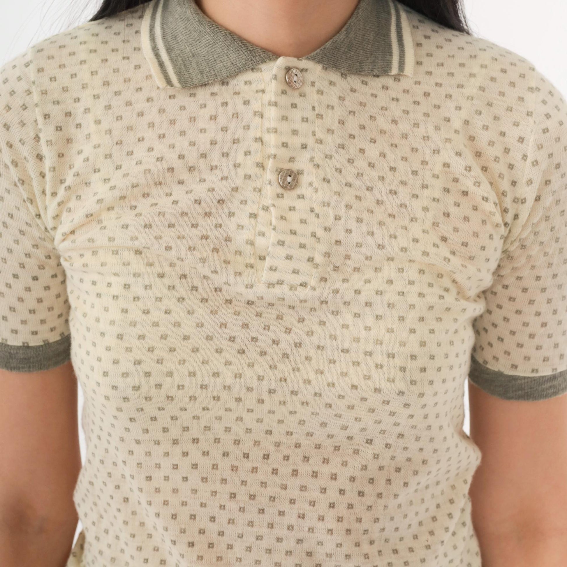 80s RoyCo Sportswear Cream Knit Polo Polka Dot Grey Short Sleeve Extra Small