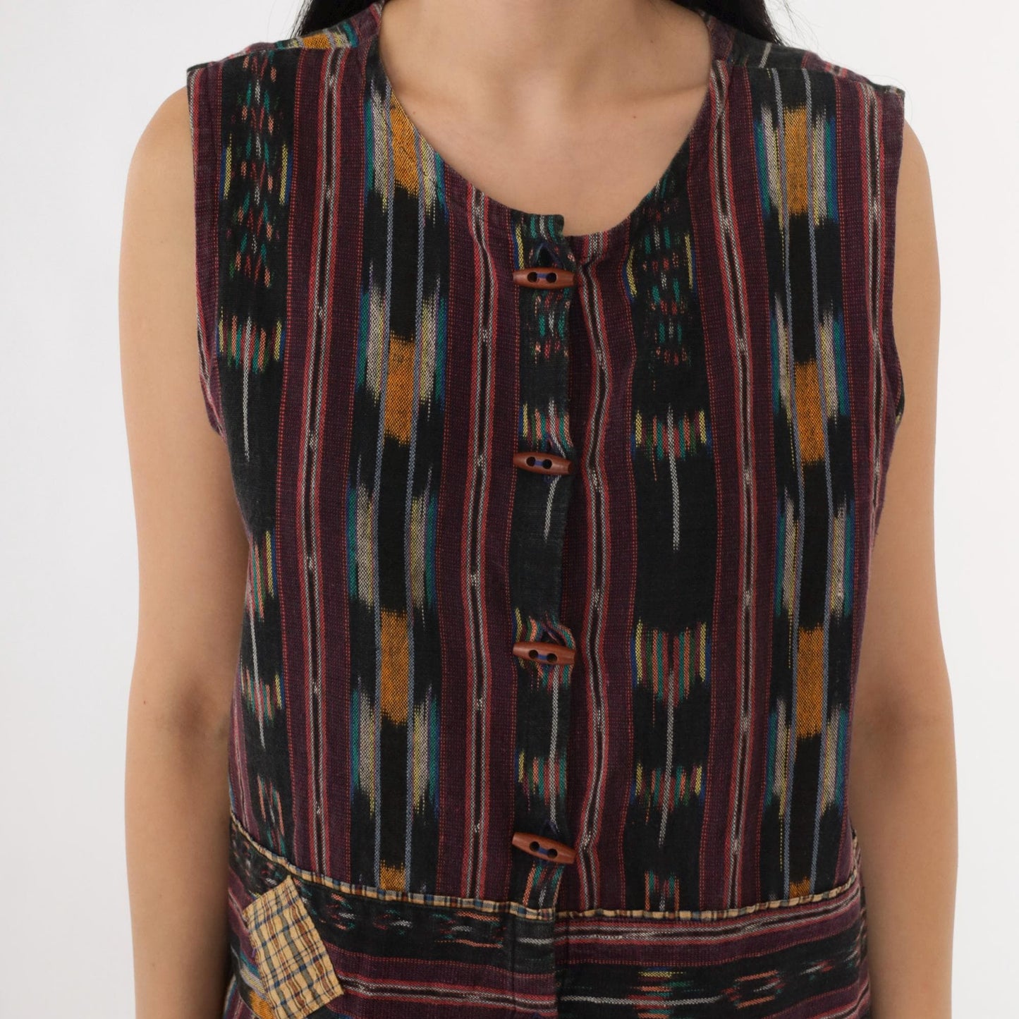 90s Ikat Striped Sleeveless Button-Up Shirt Black Multicolor Medium M