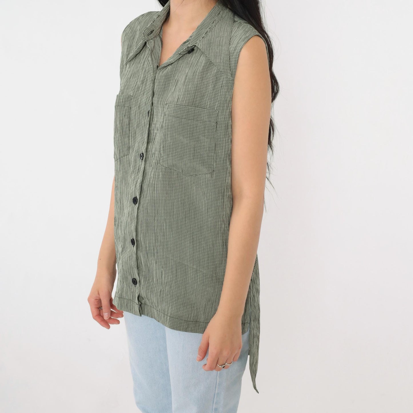 90s Marianna Black Cream Checkered Sleeveless Blouse Long Tail Button Up Large