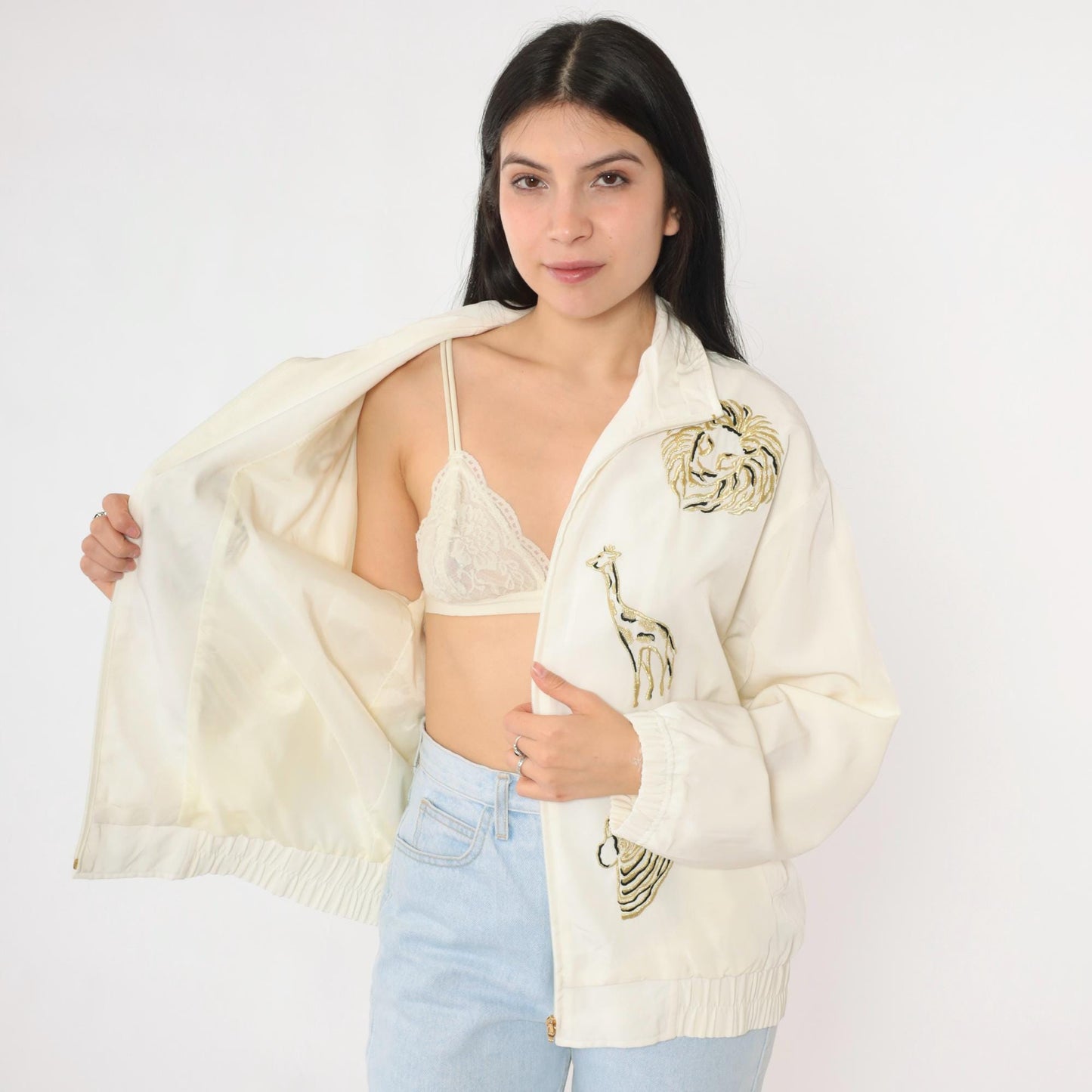 90s Safari Animal Windbreaker Jacket Off-White Embroidered Gold Small S