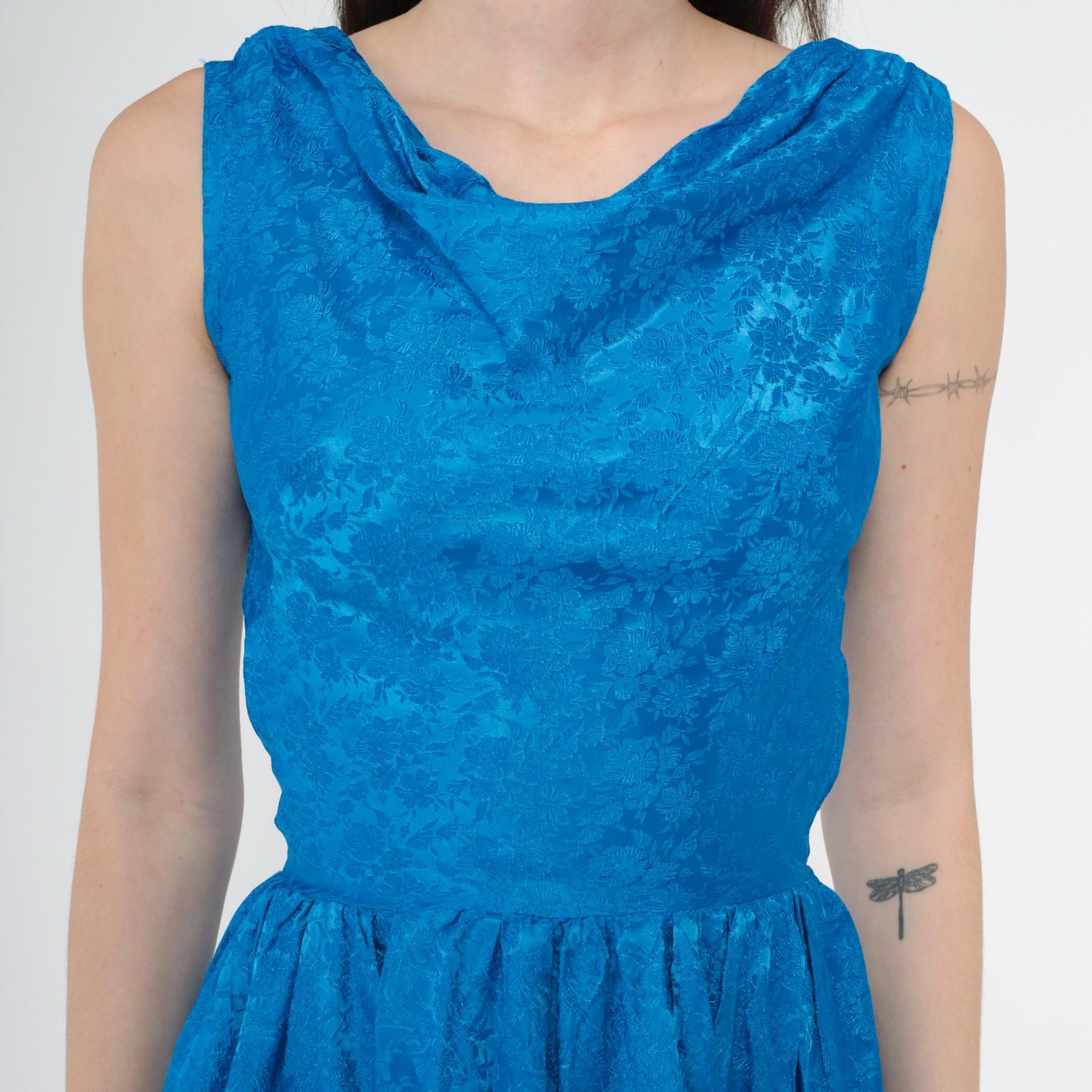 60s Blue Damask Floral Jacquard Cocktail Dress Sleeveless Fit Flare Extra Small