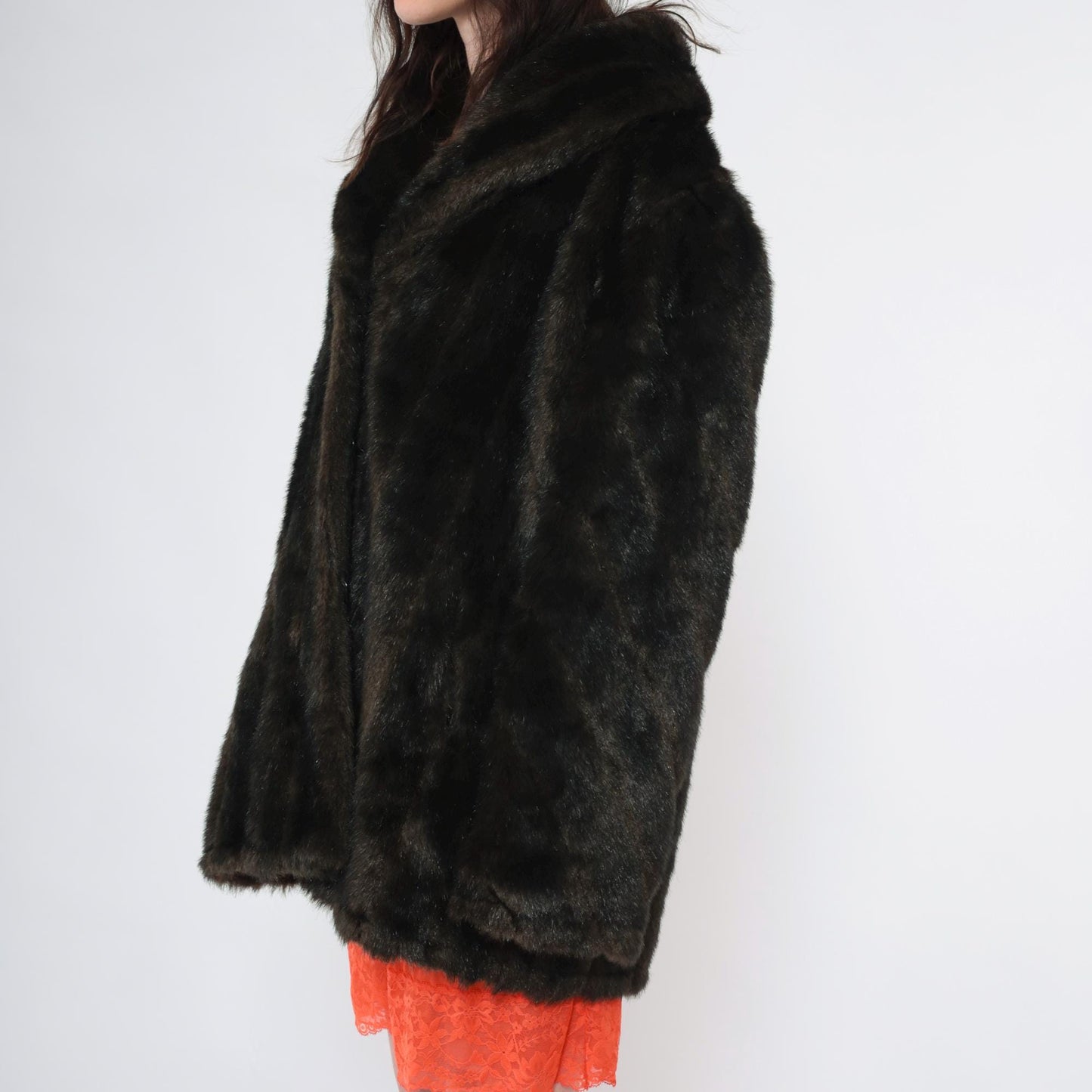 90s Brown Faux Fur Jacket Shawl Collar Short Coat Extra Large XL