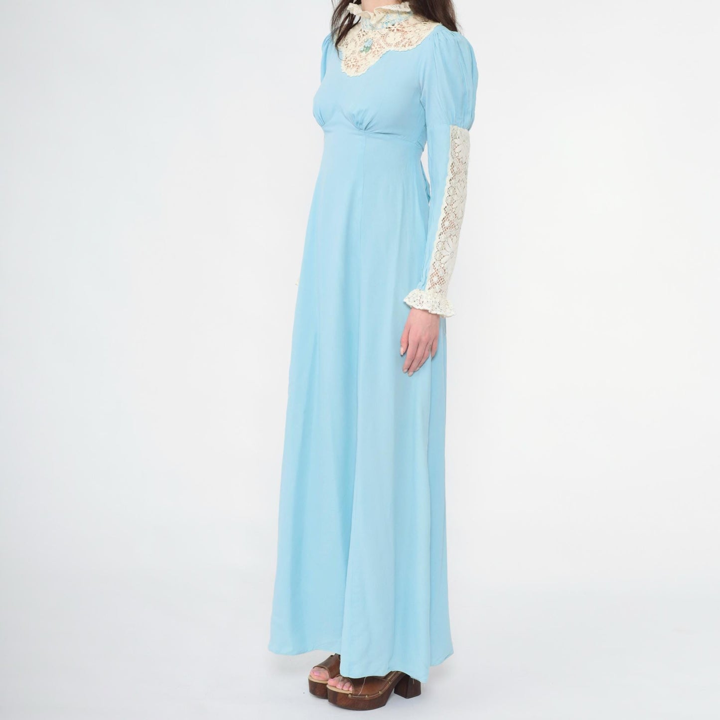 70s Light Blue Maxi Dress Lace Yoke Puff Sleeve High Neck Empire Waist Extra Small