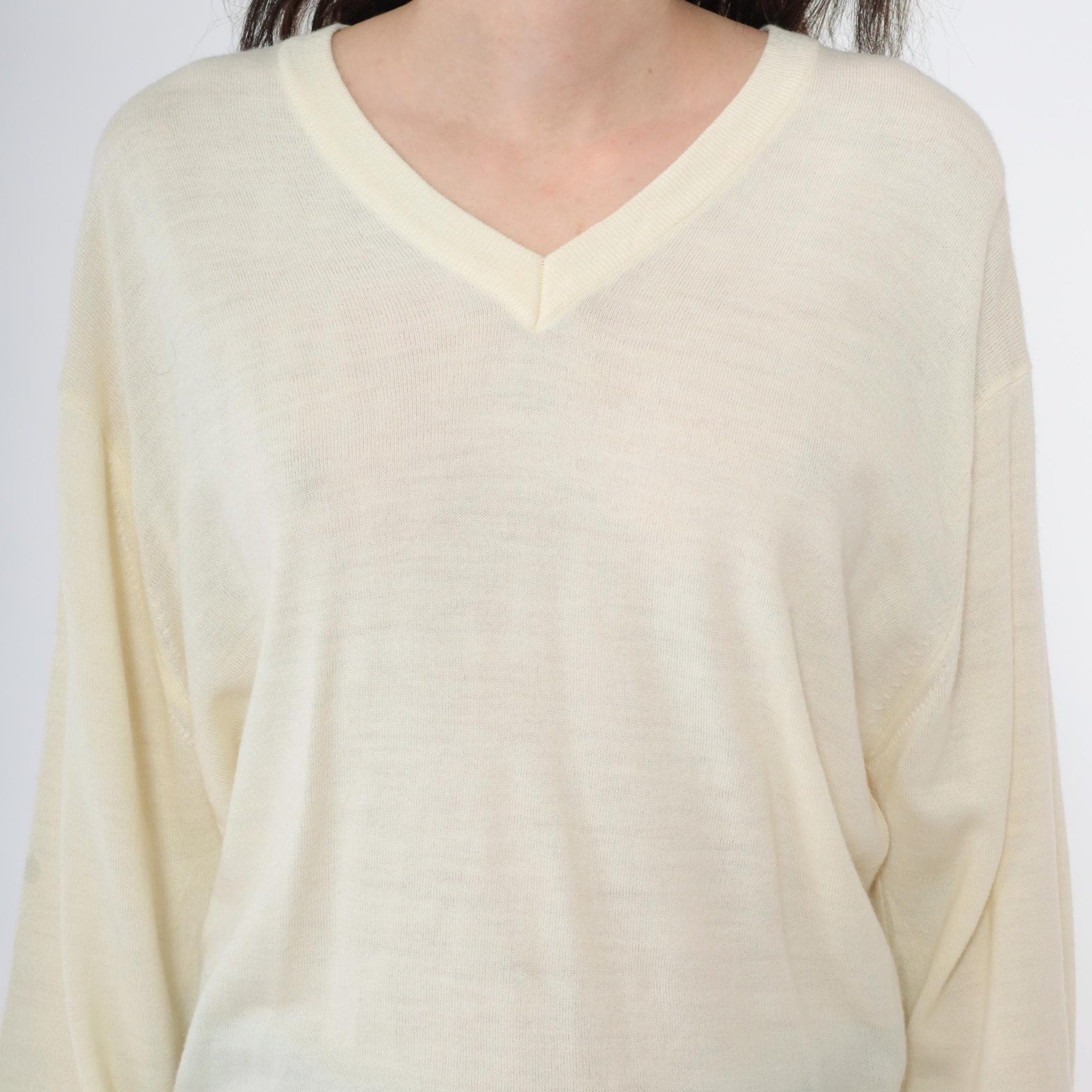 80s Izod Lacoste Cream Wool Blend V-Neck Sweater Pullover Medium