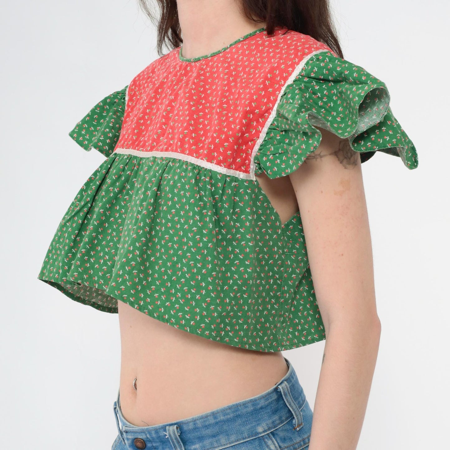 70s Red Green Calico Floral Peasant Blouse Crop Top Flutter Sleeve Small