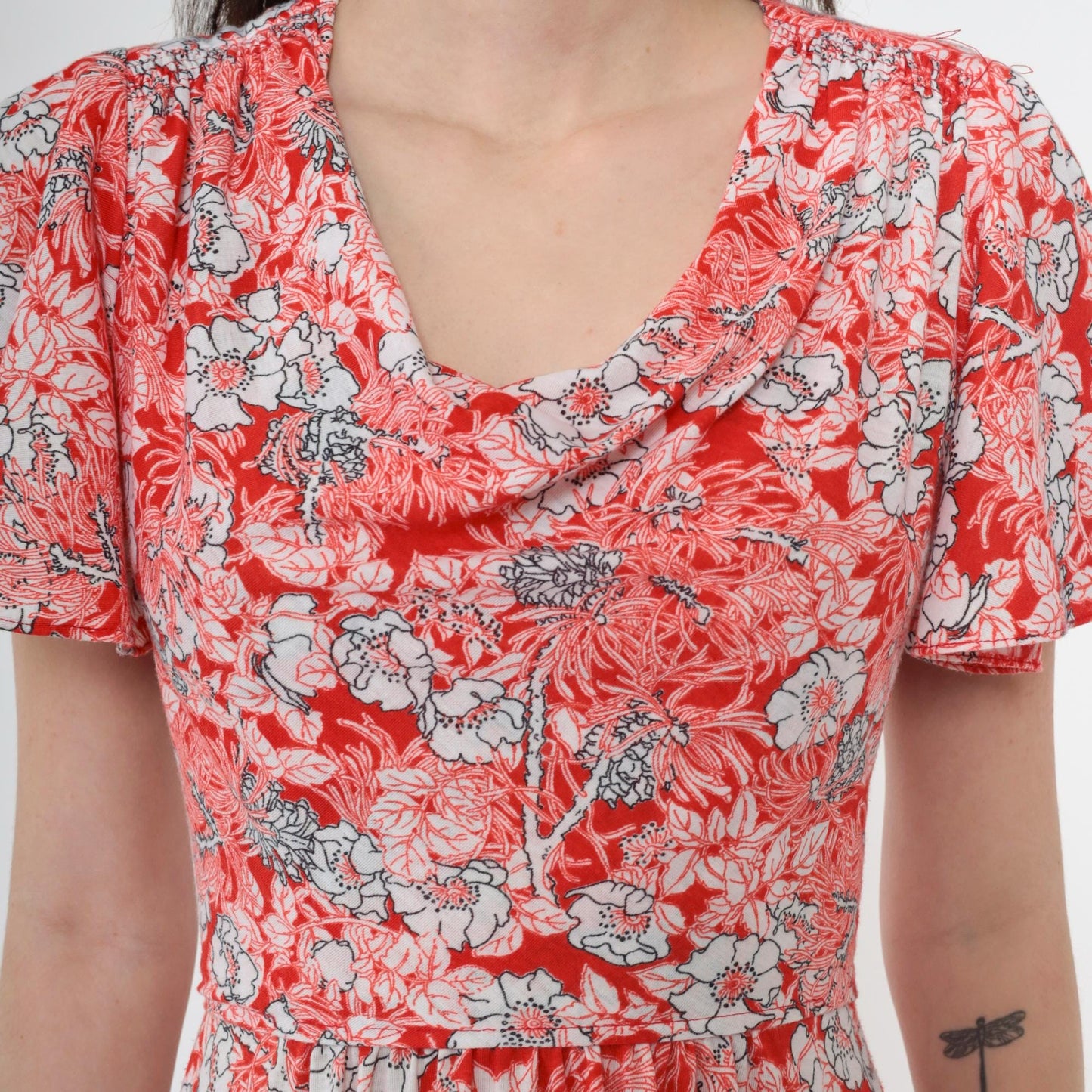 70s Red Floral Midi Dress Cowl Neck Flutter Sleeve High Waist Extra Small