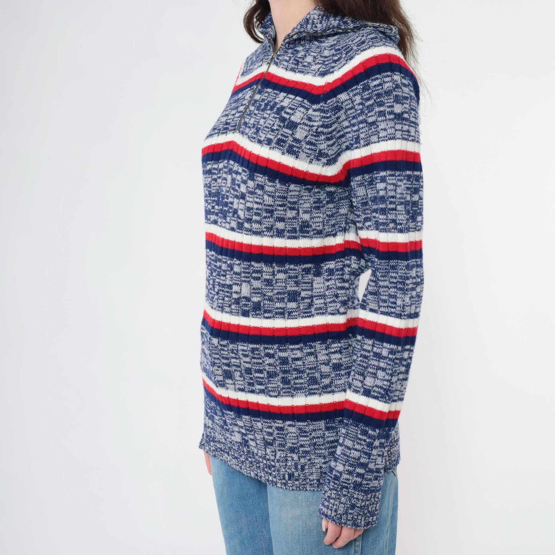70s Space Dye Striped Quarter Zip Sweater Blue Red White Knit Small