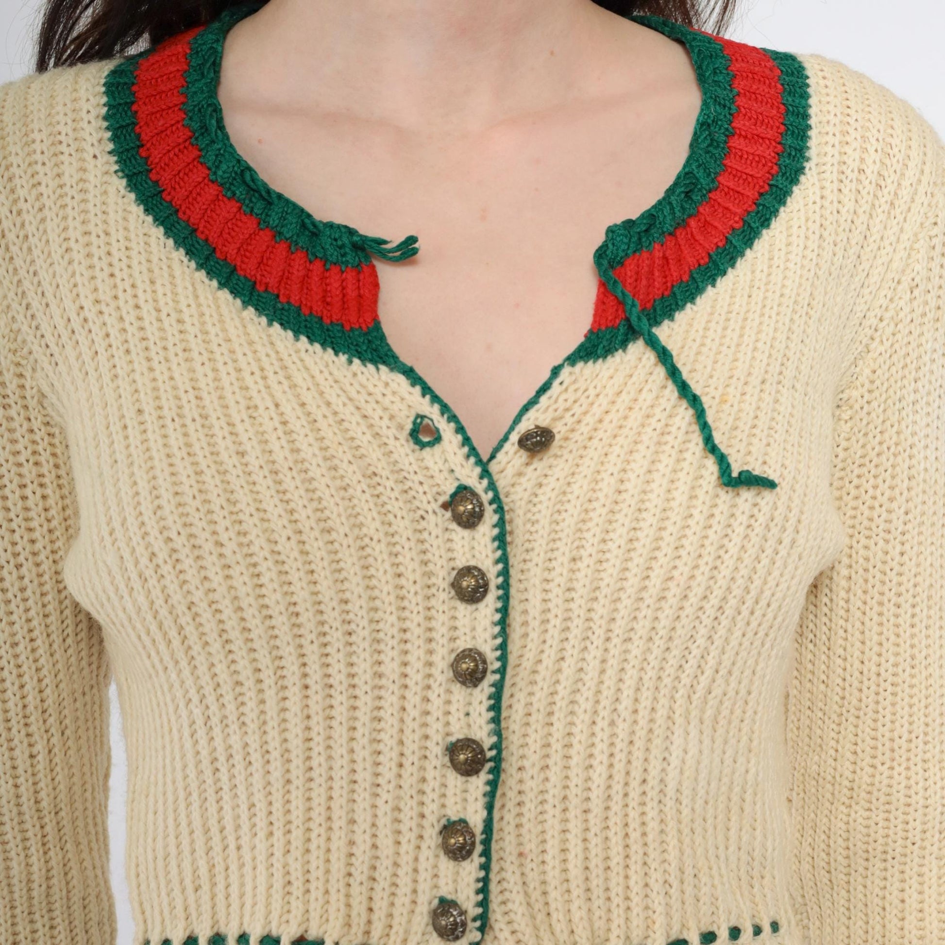 70s Cream Knit Cardigan Cropped Alpine Folk Red Green Trim Extra Small