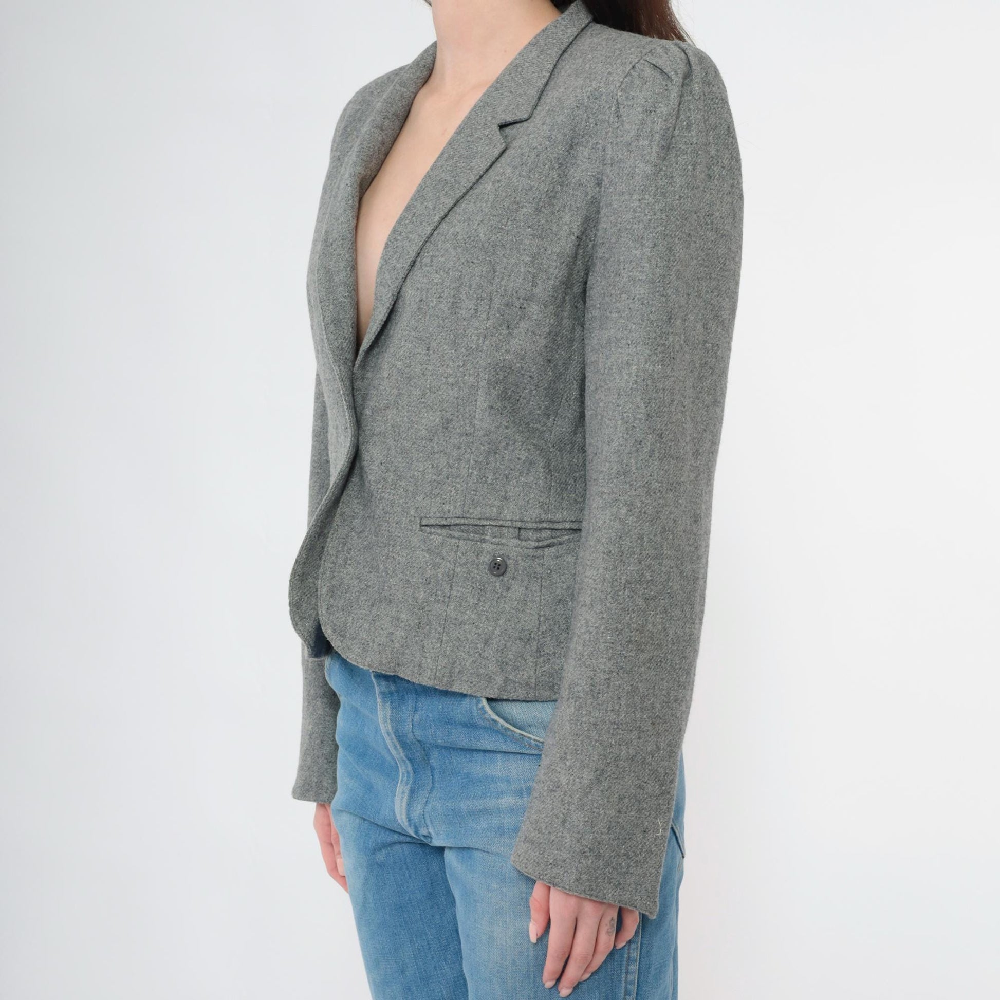 80s Grey Wool Blend Blazer Puff Sleeve Button-Up Jacket Small