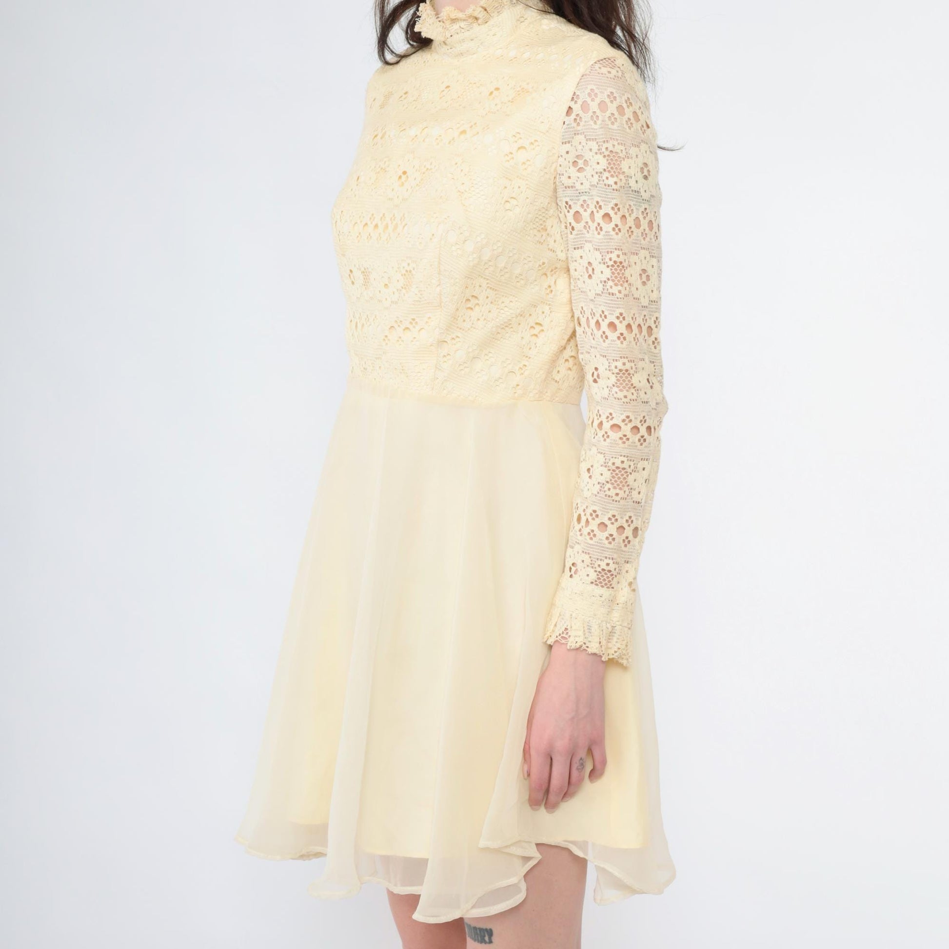 Late 60s Early 70s Cream Lace Mini Dress High Neck Sheer Sleeves Small