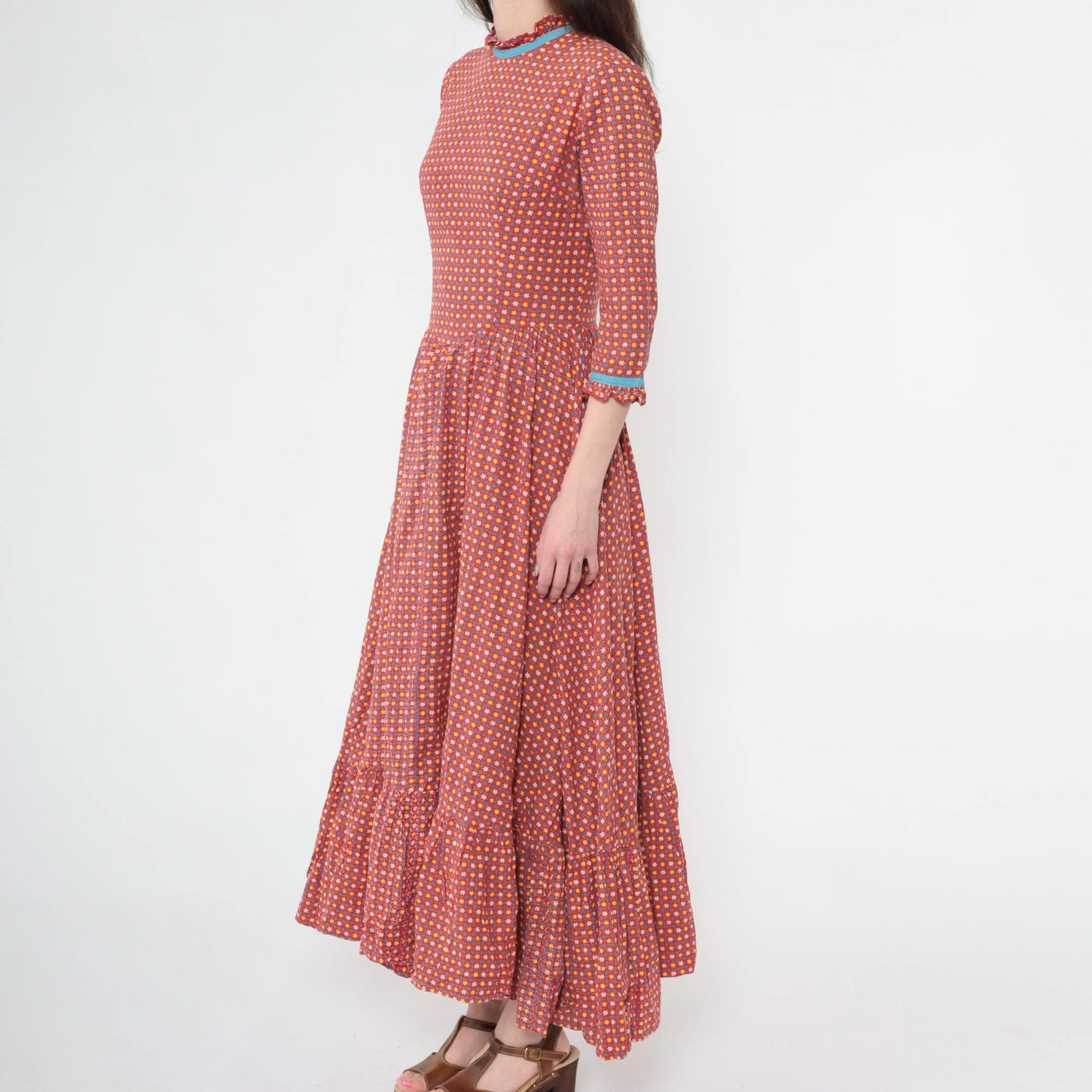 70s Red Calico Floral Maxi Dress High Waisted 3/4 Sleeve Ruffle Trim Small